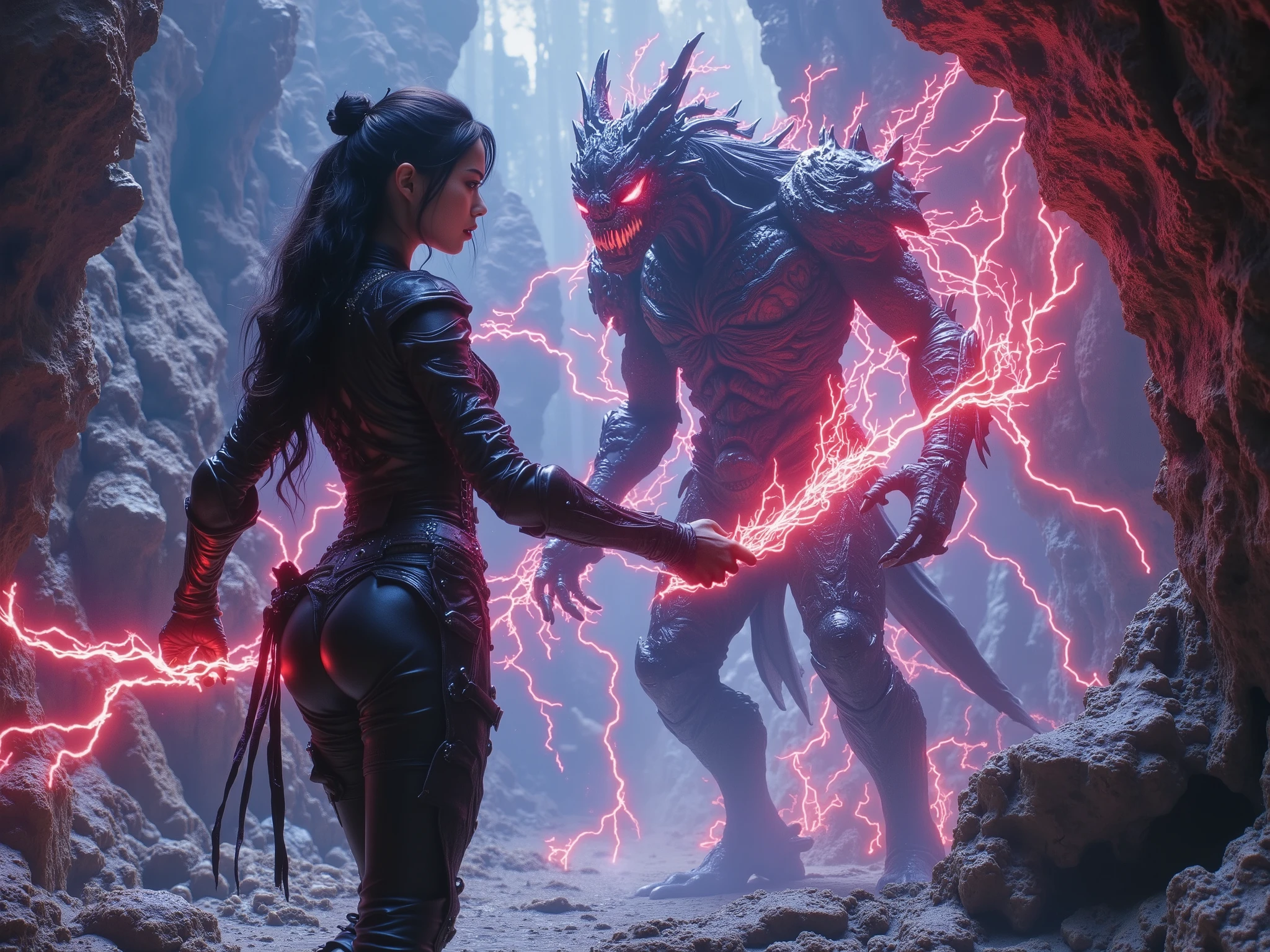 A stunning Asian elf sorceress. She has breasts and a slim hourglass body shape clad in tight, simple, medieval, padded leather armor and full leather trousers. Her dark hair matches the black of her elven armor. She is standing in an aggressive combat stance, firing a glowing ball of intense blood plasma magic, violently destroying a biopunk monster. The background is detailed with elven megastructures towering, intricate biomechanical designs fusing flesh and machine with jagged lines of blood and lightning, inspired by Metabolism architecture aesthetics, vibrant colors, and exquisite violent details. Kaleidoscopic colors.