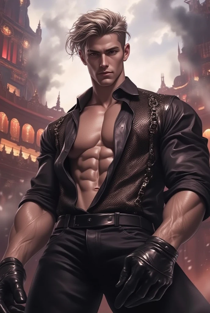 Vampires are handsome, Slim, male body, Detailed faces, Detailed body, wear black suit, blood spatter, black hair color hair, ear nipple ring, Old strange castle in the background, blood floating.black shirt,White trousers,Wrist watch