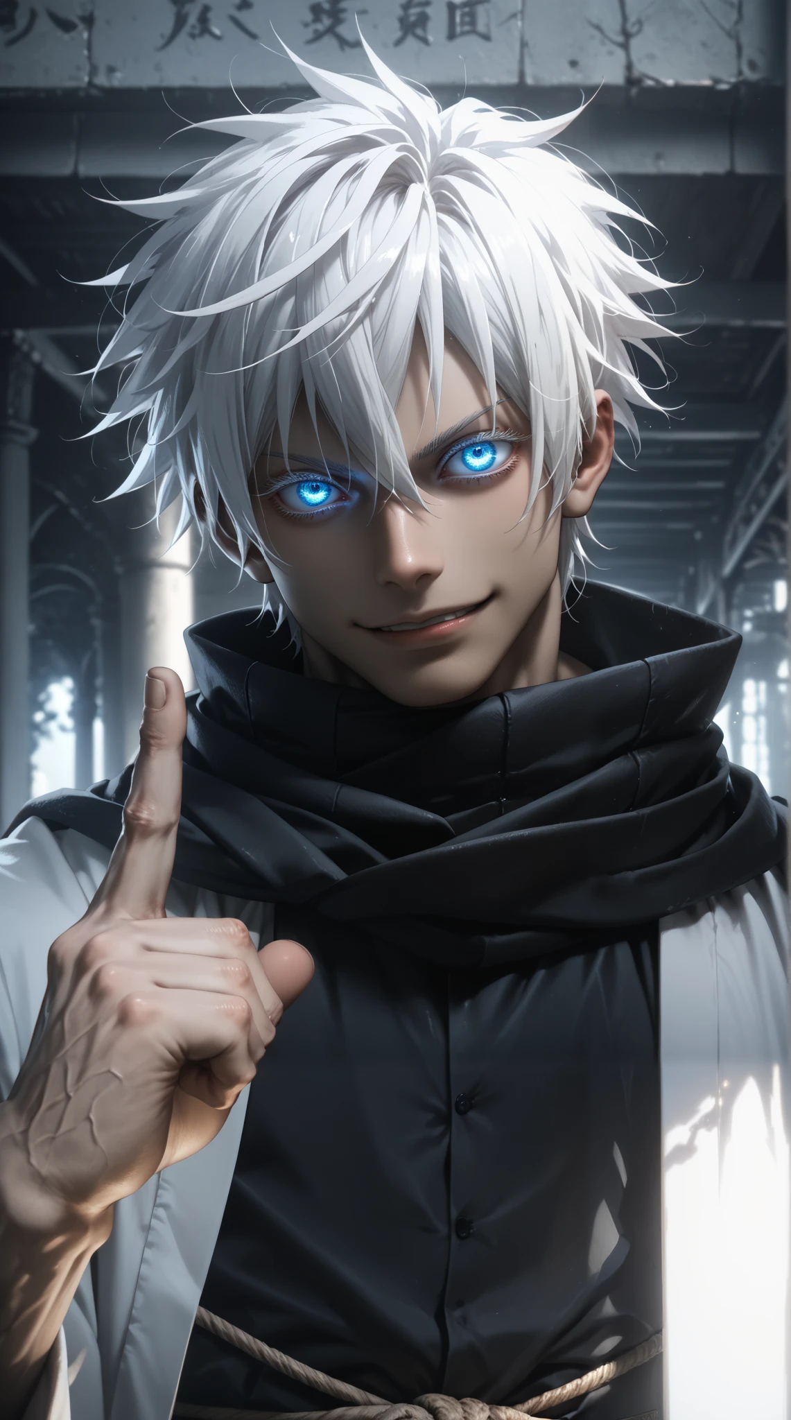 dutch angle, masterpiece, best quality, short hair, 1man, white hair,spiked hair, gojou satoru, blue eyes, colored eyelashes, hair between eyes,white pants, tight black longsleeve, muscles, tight-fitting black T-shirt, сrazy smile, white karate robe, visible muscles under the T-shirt, black scarf, looking at the viewer, bridge on the background, glowing eyes, a robe with a rope in the center, Says something, index finger up, says, blue lighting, trees
