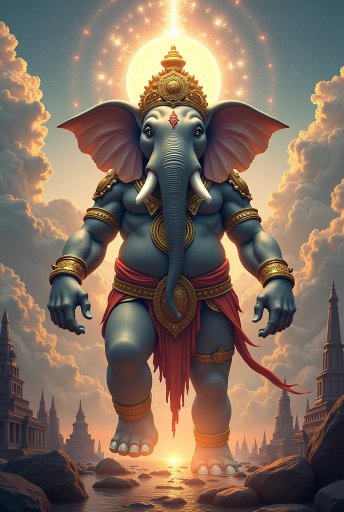 generate a ganesh god images abstractive design for standing on air(( full length size image)), (( high quality image)), ((pop color)), abstarctive background color