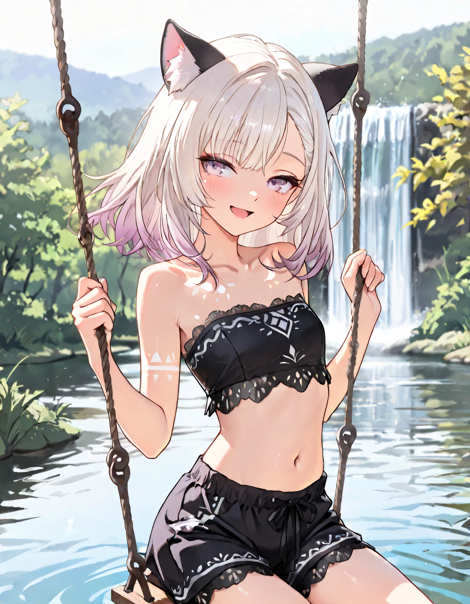 ((Masterpiece)), ((best quality)), (8K), (cowboy shot), (detailed background:1.2), (ultra-detailed:1.2), (High resolution:1.3), (Professional Photography:1.2), (very aesthetic:1.2), (absurdres:1.2), (sharp focus), ((1girl)), Cute age Girl, (Textured skin), (Realistic skin), (pale purple eyes, gradient eyes, looking at side), (platinum-gold hair), (Asymmetrical bangs), gradient hair, pink color Hair Tip, (medium hair), (Healthy Gaunt body), (open mouth wide), seductive smile, blush, (cute cheeks), glossy lips, pouty lips, (lower eyelashes), (tilt head), put on cat ears, Beautiful collarbones, BREAK, ((Embroidered Tribal black croptop, strapless)), cute navel, (Tribal boxer shorts), Beautiful lace decoration, ((playing on swing, lake, pond, river, waterfall, swing)), sunnyday,