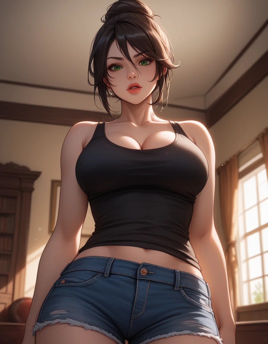 A woman wearing denim hot pants and brown short sleeves，He wears black stockings on his legs，Exposing the abdomen，The figure is good，The head is not exposed，[ 4K realism ]!!, [ 4K realism ]!!!, [ 4K digital art ]!!, Realistic shadow perfect body, realisticlying!!!!!!! art-style, photorealistic anime, by Shitao, Popular topics on cgstation, Casual pose, realistic anime 3D style