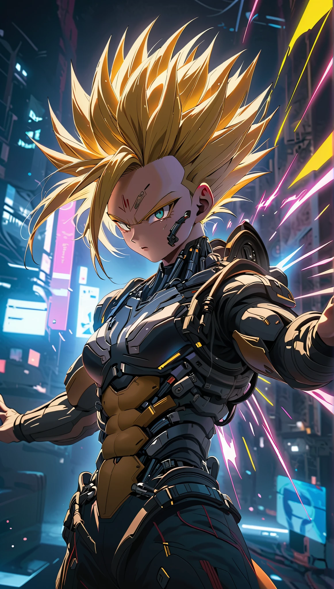 A super Saiyan cyborg, highly detailed, hyperrealist, cinematic lighting, dramatic, brave, melancholic nighttime, neon lights, aura of bright energy, intense expression, mechanical parts , cyberpunk style, advanced technology, futuristic , volumetric mist , dynamic pose, 8k, photorealistic, Unreal Engine, art style concept