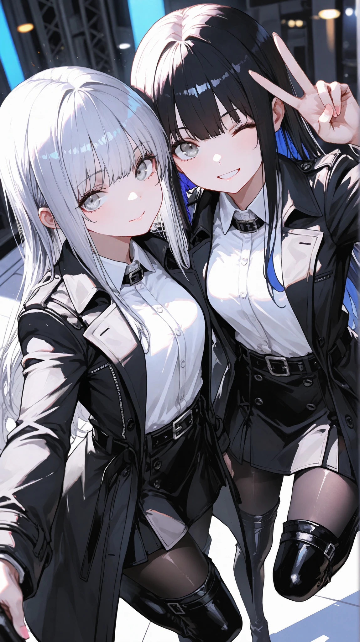 2girls,(BRAKE the first girl: bob hair, silver hair,silver eyes),(BRAKE the second girl: long hair,black hair,silver eyes),(EyesHD:1.2), masterpiece, best quality, ultra-detailed, very aesthetic, sharp focus, depth of field, vibrant colors, ray tracing, best lighting, detailed illustration, detailed background, cinematic,look at viewer, black shirt, shirt, long sleeves, belt, black skirt, black trench coat, black thigh boots,black pantyhose,black skirt, black belt,peace,from above,wink,leg up