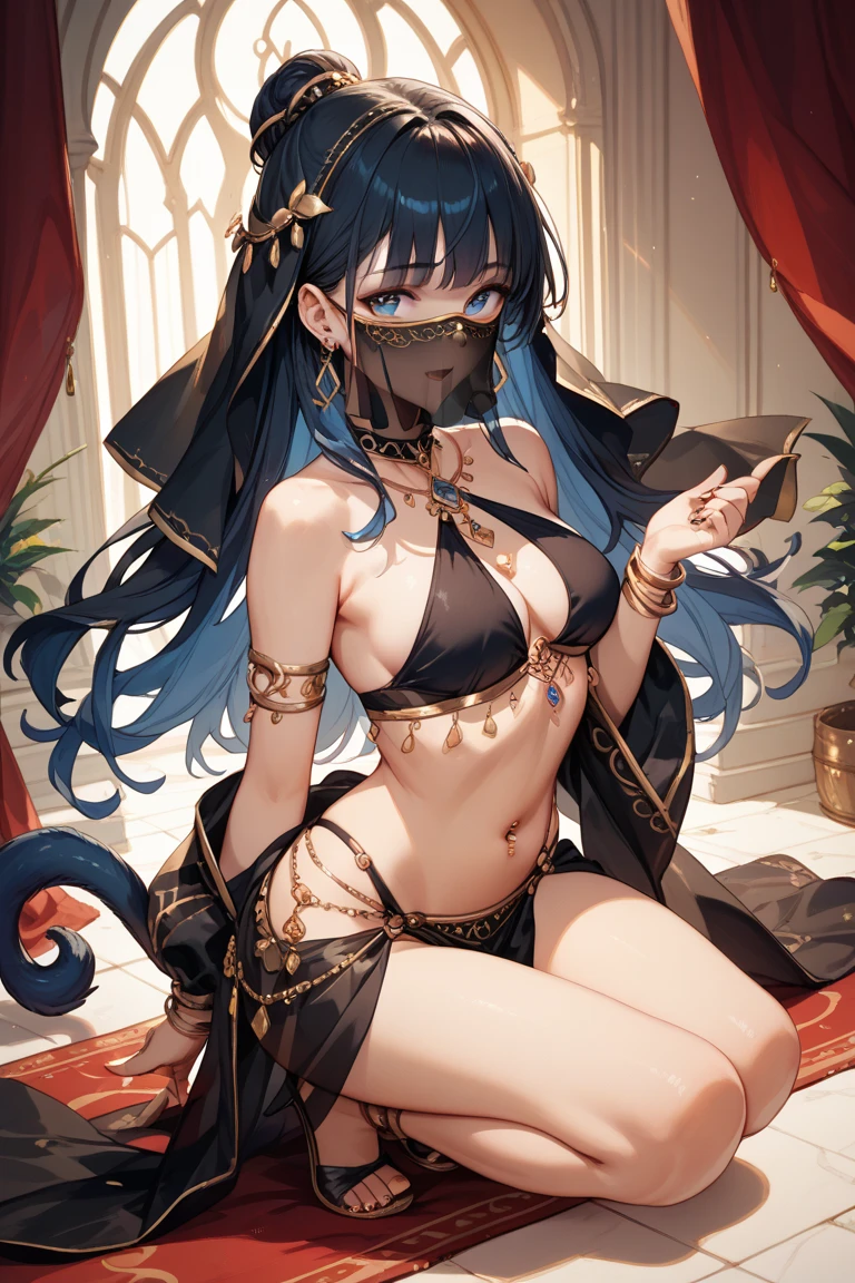 the best definition,(1 teen) High Definition, kitsune ears, tribal tattoo, flirtatious girl, Small breasts add_detail, magician girl add_detail, sensual pose, horny girl, expression of sarcasm puts his hands to his face with an expression of mischief add_detail, detailed pupils, deep blue color add_detail:1