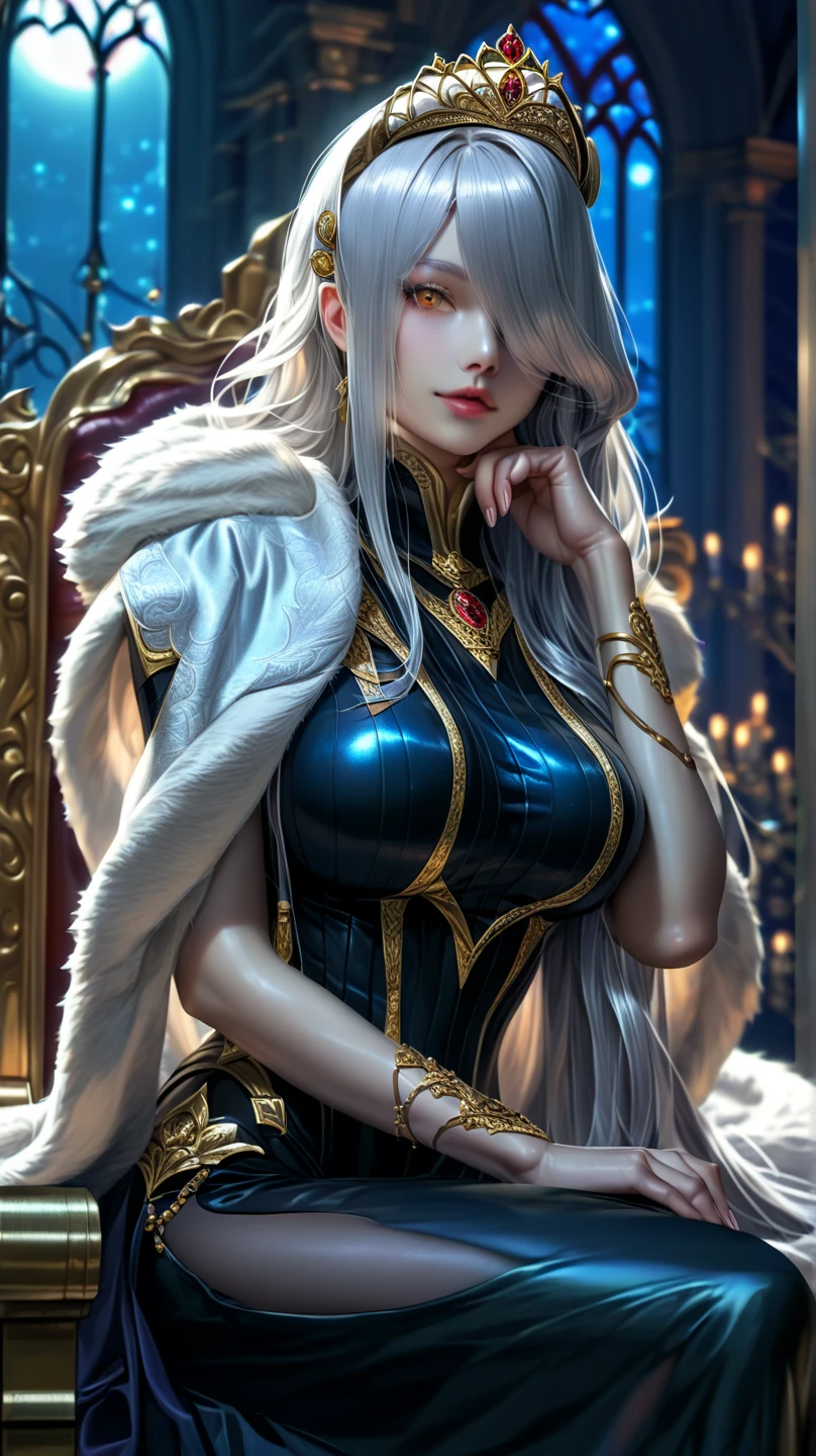 A tall, handsome, statuesque, courageous, adult man is a platinum blonde king, he has tanned skin, blue eyes, long straight platinum hair, long bangs, he is wearing a royal outfit, he leads an incredibly beautiful young femme fatale blonde with blue eyes, she is a princess, she has long golden hair, Long bangs, she's wearing a gorgeous dress. the tiara. exquisite jewelry. The throne room. They're in love.Realistic image.
