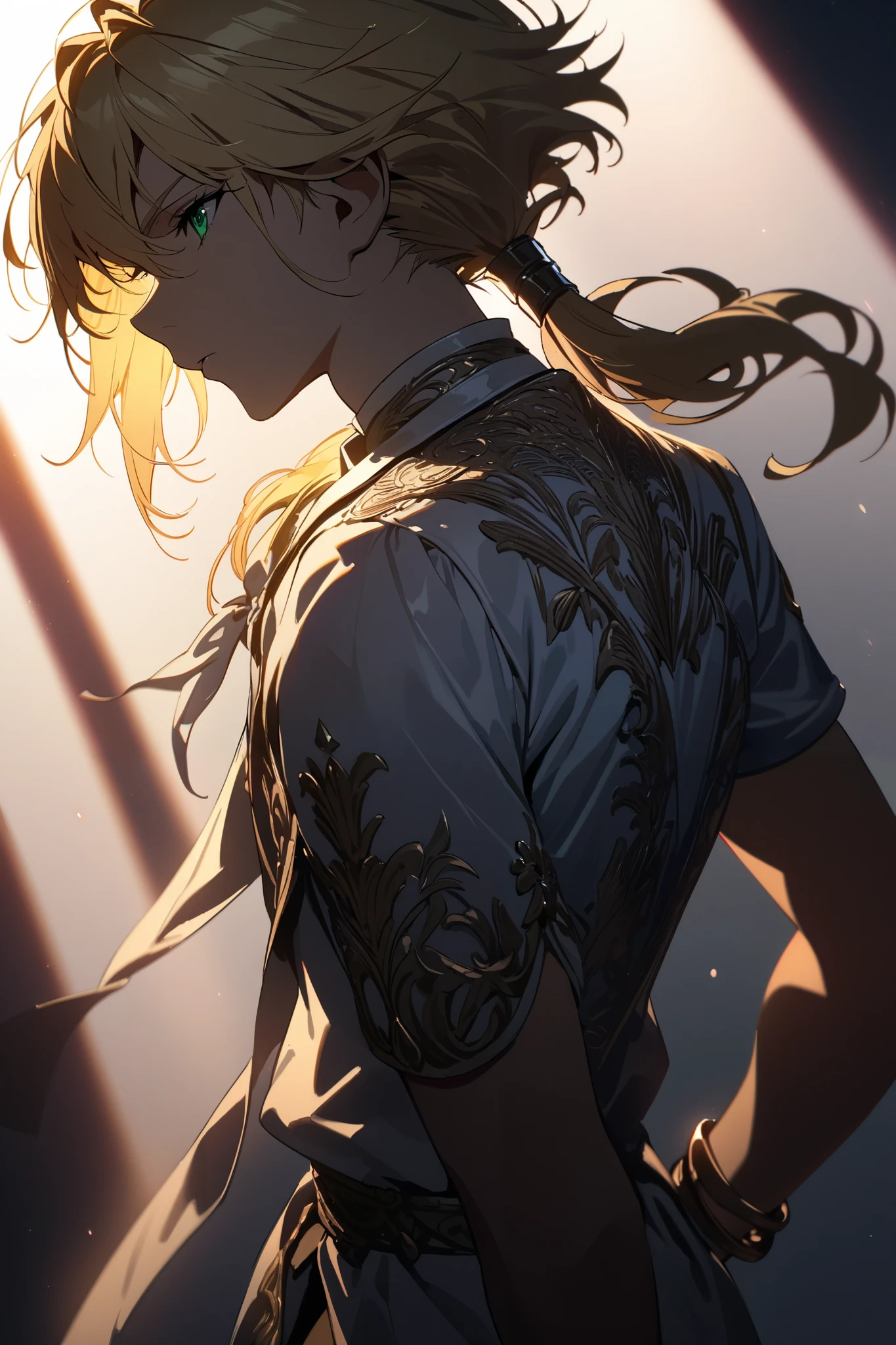 (masterpiece, best quality, ultra-detailed, best shadow), (fantasy), high contrast, (best lighting, extremely delicate and beautiful), ((cinematic light)), colorful, hyper detail, dramatic light, intricate details. age Boy Short Blonde Hair Masculine Low Ponytail, green eyes, bracelet on right arm, blue and white clothes