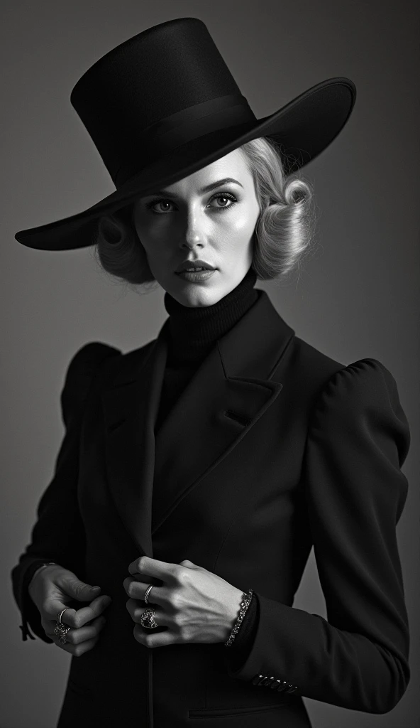 female full face waist-high portrait in black and white, fashion photoshoot, in stylish blaser with long sleeves, make up 50s with arrows and bold lips, Analog film photo,(detailed face), beautiful, textured skin, film grain, low contrast