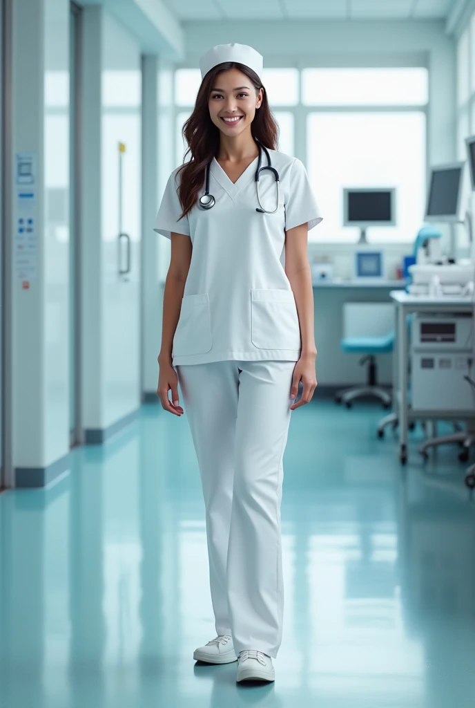 ((fashion photography)), perfect face, perfect eyes, (medium full shot) of (attractive doctor) young woman, native american, tan skin, light brown eyes, Medium, medium red bangs hair, wearing a medical uniform top,comfortable pants,loafers, clipboard, set in Operating Room, Viewing Gallery, Observational area with tiered seating for medical students and observers, large windows providing a clear view into the operating room, audiovisual equipment for live streaming of surgeries, a lectern for presentations and discussions, dimmable lighting for optimal viewing conditions, at night, laughing, arms crossed, masterpiece, best quality, photorealistic, very aesthetic