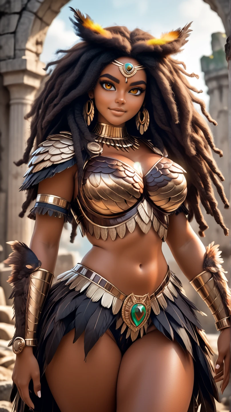 (GC superior, Obra maestra, incredibly detailed, Alta calidad),(antecedentes detallados), (cara hermosa y muy detallada),HDR, hd, studio lighting, Diosa guerrera africana con armadura de microbikini dorado, jungle landscape, mujer musculosa, ((trasero extremadamente grande)), ((tope de burbuja)), medida de cadera 180 cm