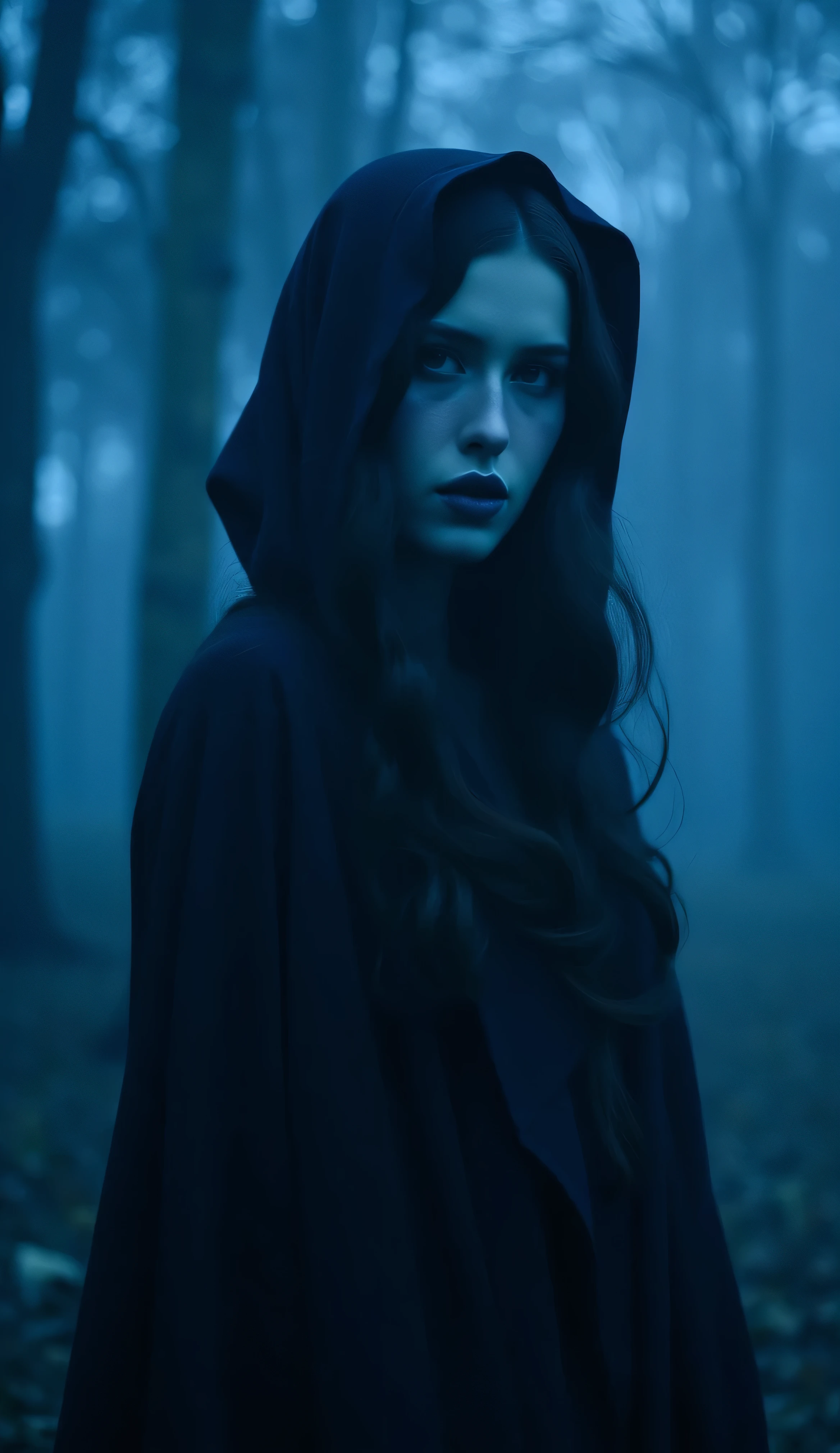 A full body dramatic artistic shot of a beautiful young woman with dark wavy hairstyle, ((very pale skin)), face paint, hood, theatrical make up, cinematic shot, cinematic composition, thick mist, ((((deep dark sapphire blue color)))), at night, darkness, shadow, masterpiece, digitalart, painting, split complementary palette, muted, monochromatic, achromatic, (cinematic artistic composition), best quality, (ancient feel), philosophy, (flickers of floating glowing tiny blue particles), (((digital art style))), brushstrokes, artistic, sunset hard edge rim lighting