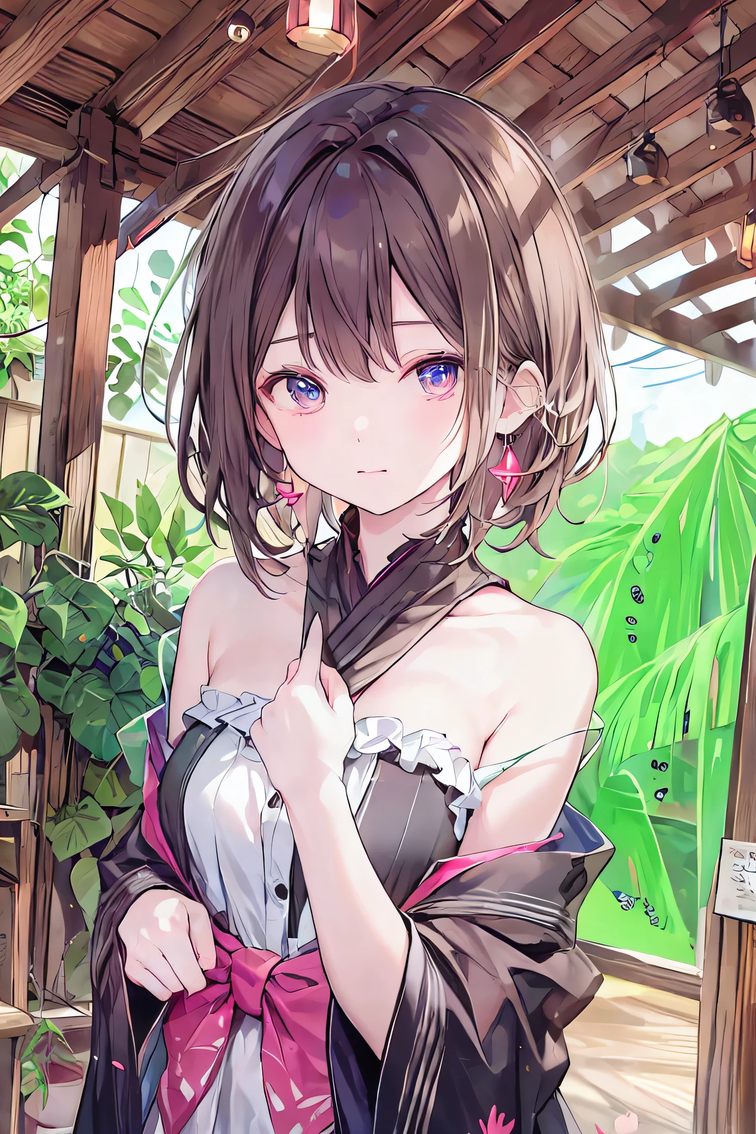 (best quality), (Super detailed), (Best Illustration), (1woman), look at viewer, from side, (flower pattern bikini), (Big Breasts:1.2), {brown hair, (bob cut:1.2), curly hair, hairs between eyes}, {(detailed eyes), heart-shaped pupils, blue eyes}, blush, sweat, steam, earrings, hairband,