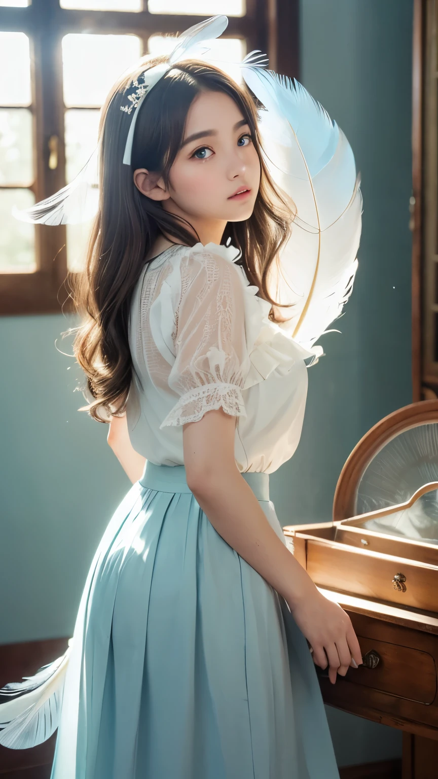 masterpiece, best quality, ultra-detailed, 8k, cinematic lighting, photorealistic anime style,
a beautiful young girl with long wavy hair, soft expression, flawless pale skin, natural makeup, wearing a delicate vintage blouse with frills and a translucent lace long skirt, standing still in a quiet abandoned wooden room,
sunlight softly shining through the old window from behind, dynamic backlighting, floating white feathers in the air, ethereal and surreal atmosphere, subtle dust particles, vintage bookshelf and scattered items in the room,
cool color grading, soft blue and teal tones, gentle light contrast, dreamy and calm mood, shallow depth of field, inspired by KakuDrop style, emotionally touching scene
((fantastic)),((White feathers fluttering))
((Countless fine feathers dance))