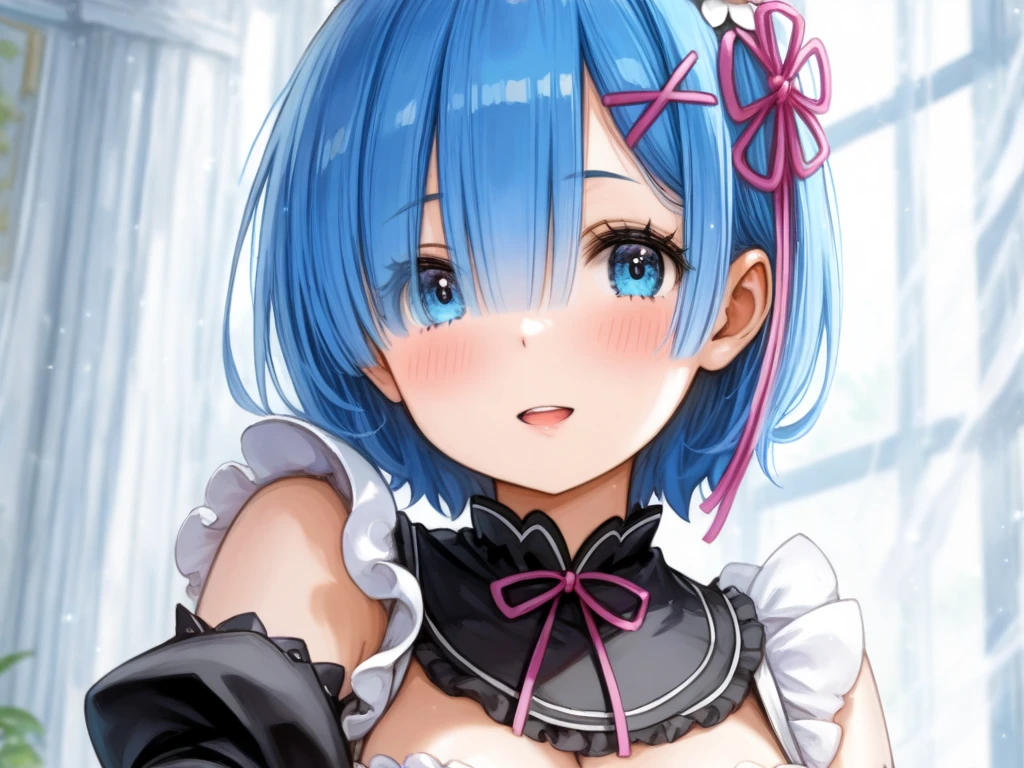 Swimsuit、Acme Face、Random pose、short hair、Blue Hair、、hair over one eye、、nsfw、 masterpiece, best quality, 1 girl, 独奏, large breasts, gray eyes, swept bangs, black hair, half updo hair, looking side, excited, cowboy shot, from the front, black competitive swimsuit, pool, in the pool, (wet:1.2), (water drops:1.2)