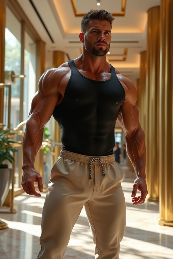 Handsome Indian pehlwan muscular hunk in tight denim sweat shirt with joggers with huge bulge wetty spoton bulge, doing shopping and drinking coffee from tumblr in shopping mall, head to thigh view