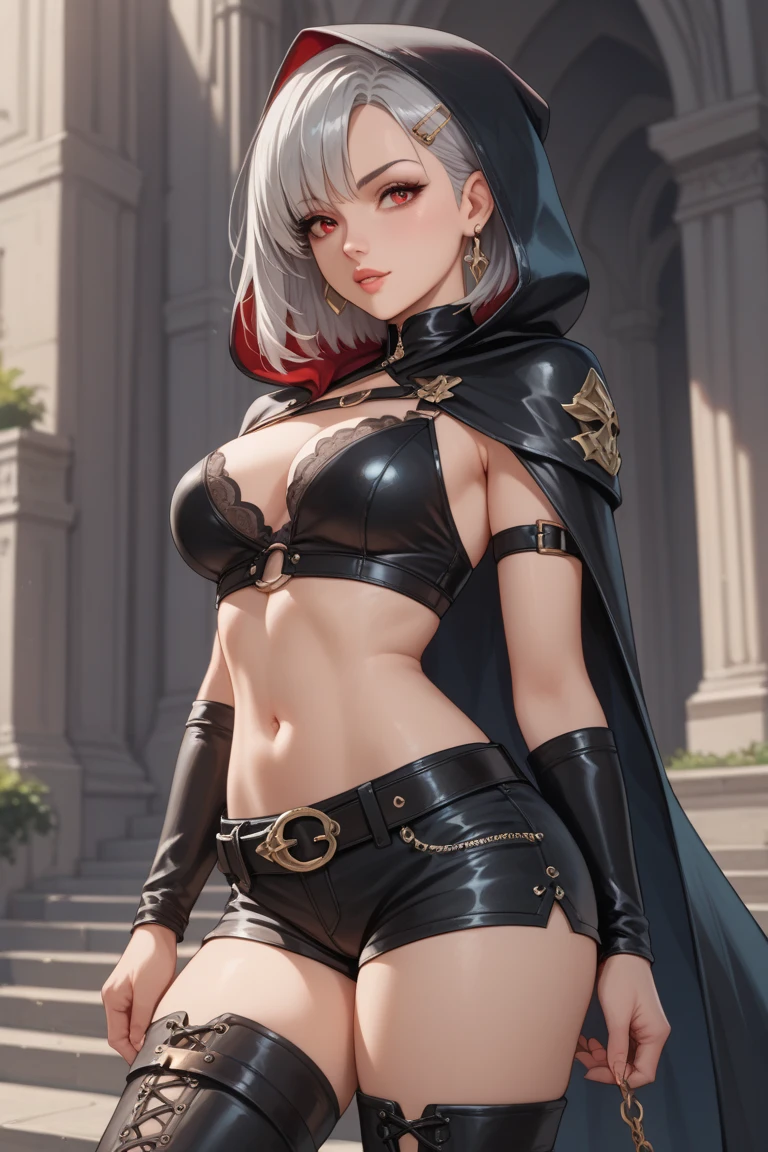 highest quality,Clear skin,Lively combat,Succubus,Anime Art,beautiful girl,Flat Chest,Alluring,White Short Hair,Red Eye,slender,whole body,Super tight off-shoulder, (Lewd Armor), (Ultra high leg),Belly without clothes,Cape,Demon King,vampire,Black long boots,Red Belt,C,ruins,Dark fantasy,Armor only,Gothic Lolita