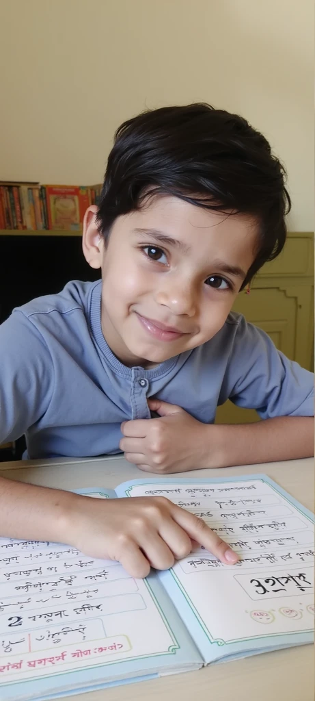 Kind and cheerful 8-year-old Brazilian boy with brown eyes and hair and fair skin standing up, segurando um livro em uma grande biblioteca antiga