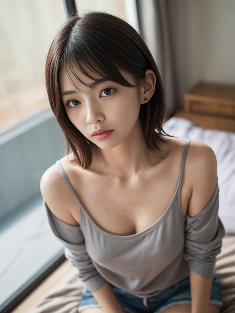 ((of the highest quality, 8K, masutepiece: 1.3, Raw photo)), Sharp Focus: 1.2, (1 AESPA Girl :1.1), Solo, (Realistic, Photorealistic: 1.37), (Face Focus: 1.1), Cute face, hyperdetailed face, short messy hair, (updo: 1.1), Small Smile, small breasts, flat chest, thigh, nude, (black chiffon shirt: 1.3), office room, flower, lily