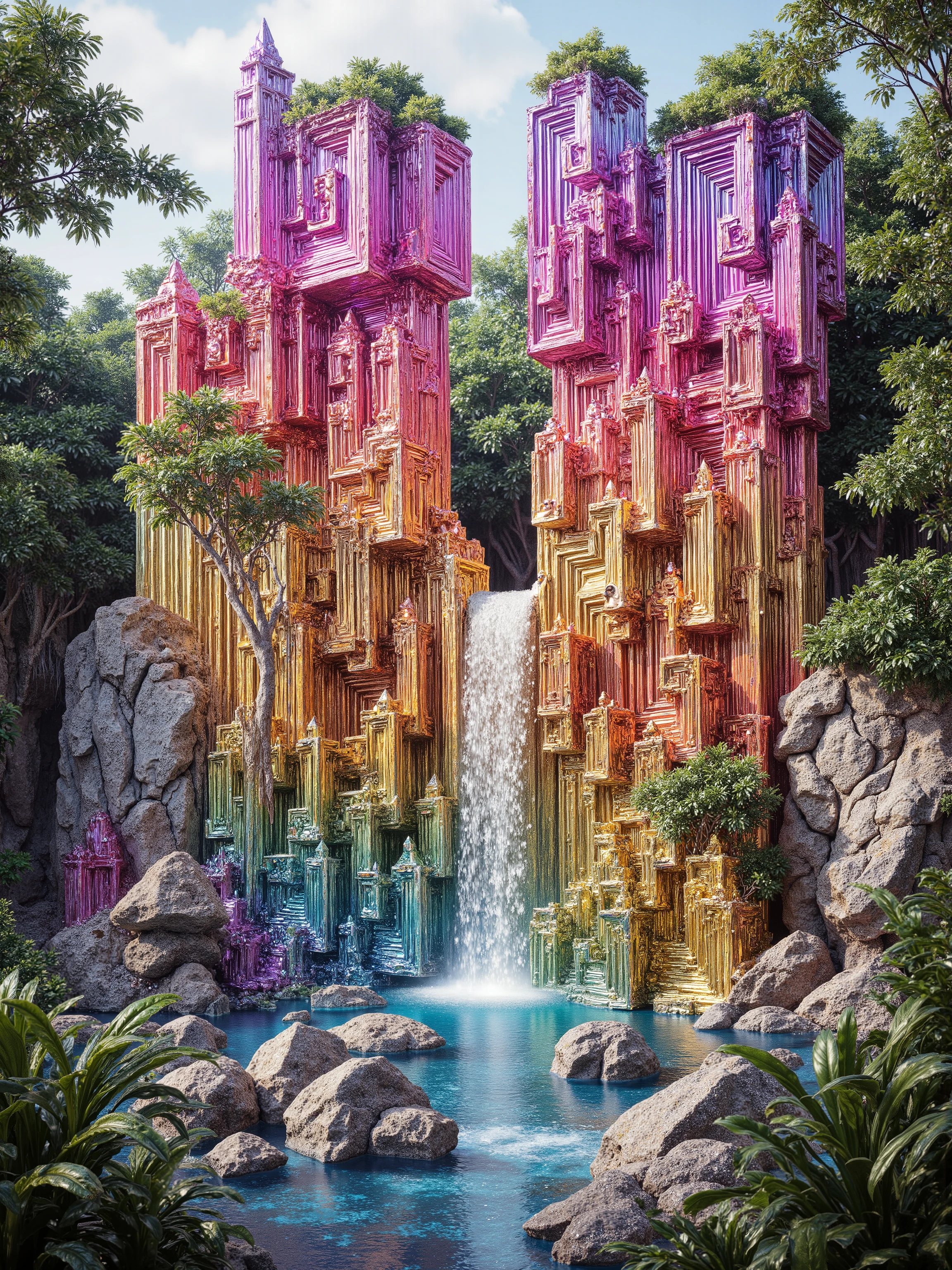 A cliff that is 300 feet tall made up of gigantic quartz crystal points that are multicolored translucent pillars in a tropical rainforest. In the middle of these skyscraper sized quartz crystals is an incredible gushing cascading waterfall that pours into a beautiful lagoon that is lined with smaller quartz crystals 20 to 40 feet tall. In the center up on rock is a church like structure with christian crosses that is made entirely out of quartz crystals. In hues of Pink, Red, Orange, Yellow, Green, Blue, and purple, there are hundreds of quartz crystal formations pointing up and making up the walls of the church, the roof, even the doors. Make sure that they are mostly translucent and radiate color in the bright full sunlight. There are thousands of giant quartz crystals in and on the cliffs, in the inside edges of the lagoon, and around the waterfall, and the church, just like a church built in the center of an incredible enormous geode. An incredibly complex and intricate translucent crystal church structure that incorporates a waterfall into the actual building made out of minerals and translucent crystals, and it is surrounded by crystals too. Church and its structures will be many stories tall. Statues made out of minerals and crystals are in strategic locations. There are other animals and birds everywhere. Giant insects are all over the place, too. Prehistoric life in its natural form. A jungle with life in every direction. Breathtakingly beautiful, stunning, Awe Inspiring, An Awesome Site! If you get it right! 8K Octane, Action Painting, Cinematic, Cinematography, Conceptual Art, Digital Art, Fujicolor, Ultra-realistic,photo-realistic,Photorealistic, Portrait Photography, Surrealism, Unreal Engine, Sparkle on crystals, Cinematic Lighting, Glowing Light, Reflection Light, Ray Tracing, God Rays, Perspective: up close, macro photography, UHD, Super Detailed, Best Quality, Award Winning, Masterpiece.