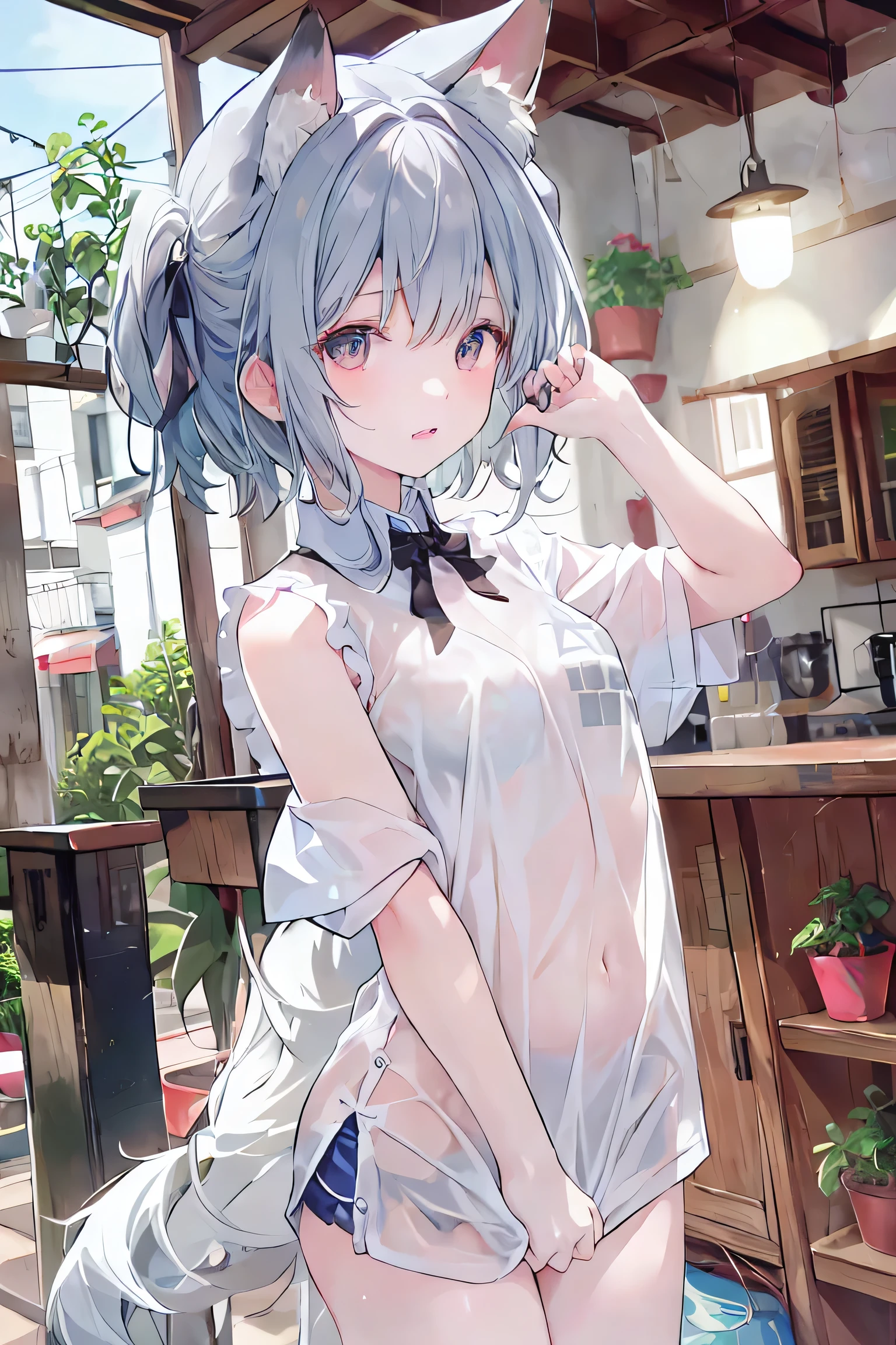 Naked Apron、Bunny girl、Rabbit ears、7-year-old girl,Very beautiful and Shining Eyes、Shining Eyes、1 girl、Small breasts、Big Mouth、high school girl、Small breasts、Transparent silver short hair、