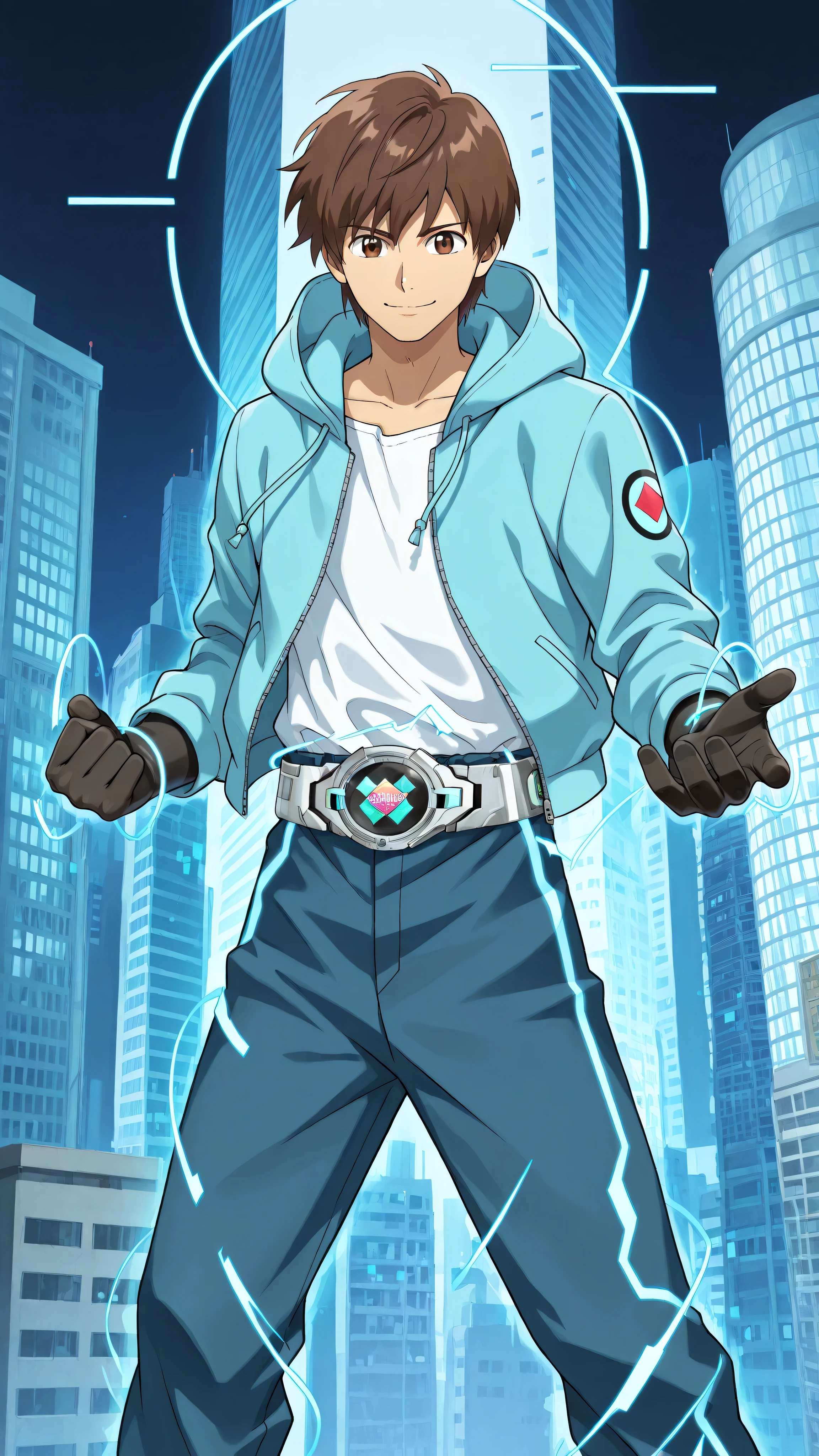 1Man,alone, male focus ,brown hair, Tall Body , Finger Gloves , Light Hooded Jacket,Round Neck Shirt ,Silver Transformation Belt, Blue Trousers ,Brown Eyes,Smile,City Square,Daytime ,anime style