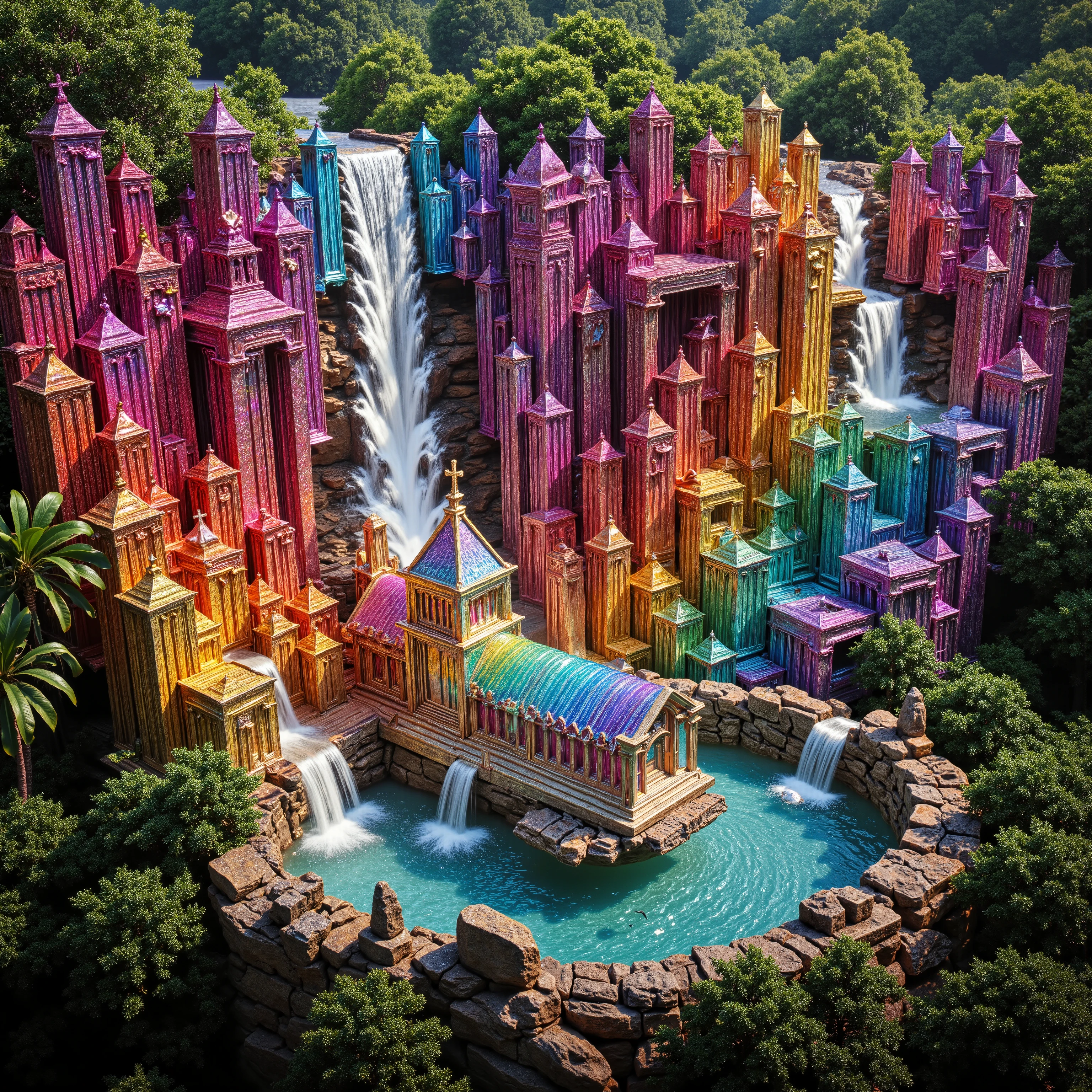 A cliff that is 300 feet tall made up of gigantic quartz crystal points that are multicolored translucent pillars in a tropical rainforest. In the middle of these skyscraper sized quartz crystals is an incredible gushing cascading waterfall that pours into a beautiful lagoon that is lined with smaller quartz crystals 20 to 40 feet tall. In the center up on rock is a church like structure with christian crosses that is made entirely out of quartz crystals. In hues of Pink, Red, Orange, Yellow, Green, Blue, and purple, there are hundreds of quartz crystal formations pointing up and making up the walls of the church, the roof, even the doors. Make sure that they are mostly translucent and radiate color in the bright full sunlight. There are thousands of giant quartz crystals in and on the cliffs, in the inside edges of the lagoon, and around the waterfall, and the church, just like a church built in the center of an incredible enormous geode. An incredibly complex and intricate church structure that incorporates a waterfall into the actual building made out of minerals and translucent crystals, and it is surrounded by There are other animals and birds everywhere Giant insects are all over the place, too. Prehistoric life in its natural form. A jungle with life in every direction. Breathtakingly beautiful, stunning, Awe Inspiring, An Awesome Site! If you get it right! 8K Octane, Action Painting, Cinematic, Cinematography, Conceptual Art, Digital Art, Fujicolor, Ultra-realistic Photorealistic, Portrait Photography, Surrealism, Unreal Engine, Sparkle on crystals, Cinematic Lighting, Glowing Light, Reflection Light, Ray Tracing, God Rays, Perspective: up close, macro photography, UHD, Super Detailed, Best Quality, Award Winning, Masterpiece.
