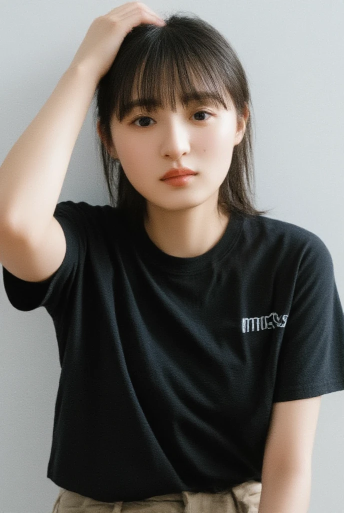 Best Quality, 8k, Masterpiece, (Portrait: 1.3), (photo realistic:1.4), (hyper realistic:1.4), Sharp Focus, looking at viewer, (smoother lighting:1.1), (increase cinematic lighting quality:0.9), realistic lighting, backlighting, light on face, ray trace, (brightening light:1.2), (Increase quality:1.4), sharp detail, (best quality real texture skin:1.4), finely detailed eyes, black_eyes, finely detailed face, 25 year old Korean woman, (gray t-shirt:1.4), (Create an image maintaining the original base model hairstyle:1.5)