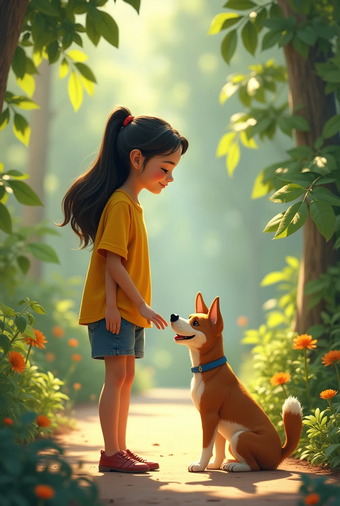 *image:* Sofía wears a yellow blouse and is a she approaches the dog and it runs away.
*text:* "¡Wait, Perrito! ¡No te vayas