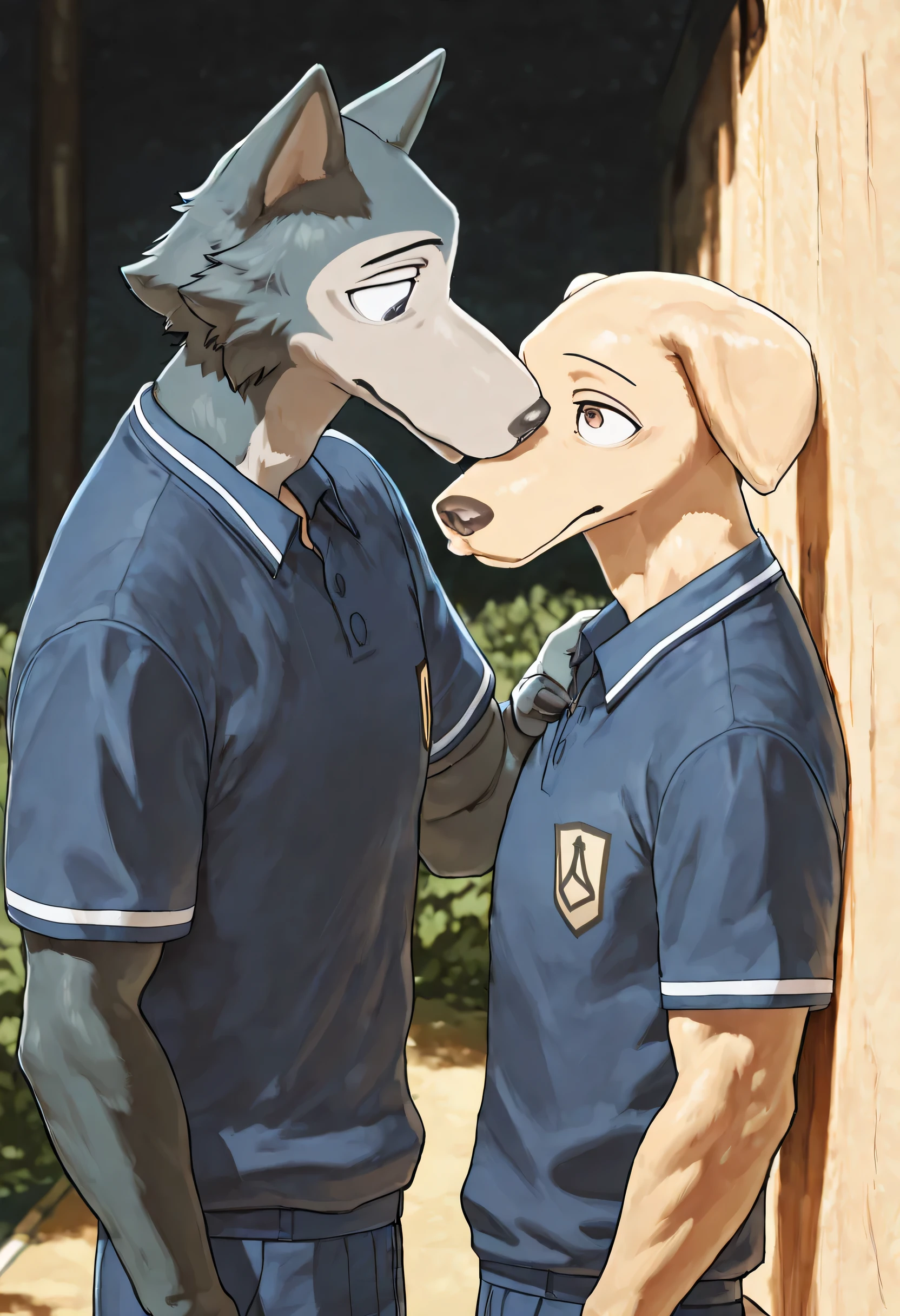 (soft shading, 4k, hi res, detailed face, detailed, Best quality, masterpiece, detailed anatomy, detailed eyes, perfect all anatomy, perfect shading), by Buta99, by K0BIT0WANI, by Meesh, 2male, couple, (Wolf, Legoshi, athletic body, black eyes, tall, blue school male uniform, holding Jack's waist, dominant), behind the school, hidden in the bushes, Face to face, looking at each other, (Jack, labrador retriever, brown eyes, chub femboy body, blue school male uniform, holding Legoshi's shoulders, submissive)