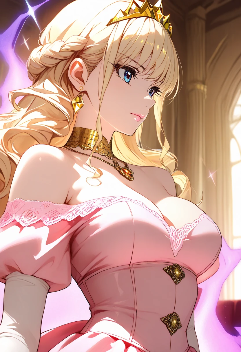 nude young girl with blue eyes, blonde hair and with very large breasts and a very thin waist in a pink see-through t-shirt, short pink wee-through skirt and twintails standing with a puffed up chest and arched back, smiling while looking at the viewer. She is standing in front of a bed covered in pillows in a palace bedroom. She wears a jewel navel piercing, and long golden chain earrings. Prison shackles is hanging from the wall.