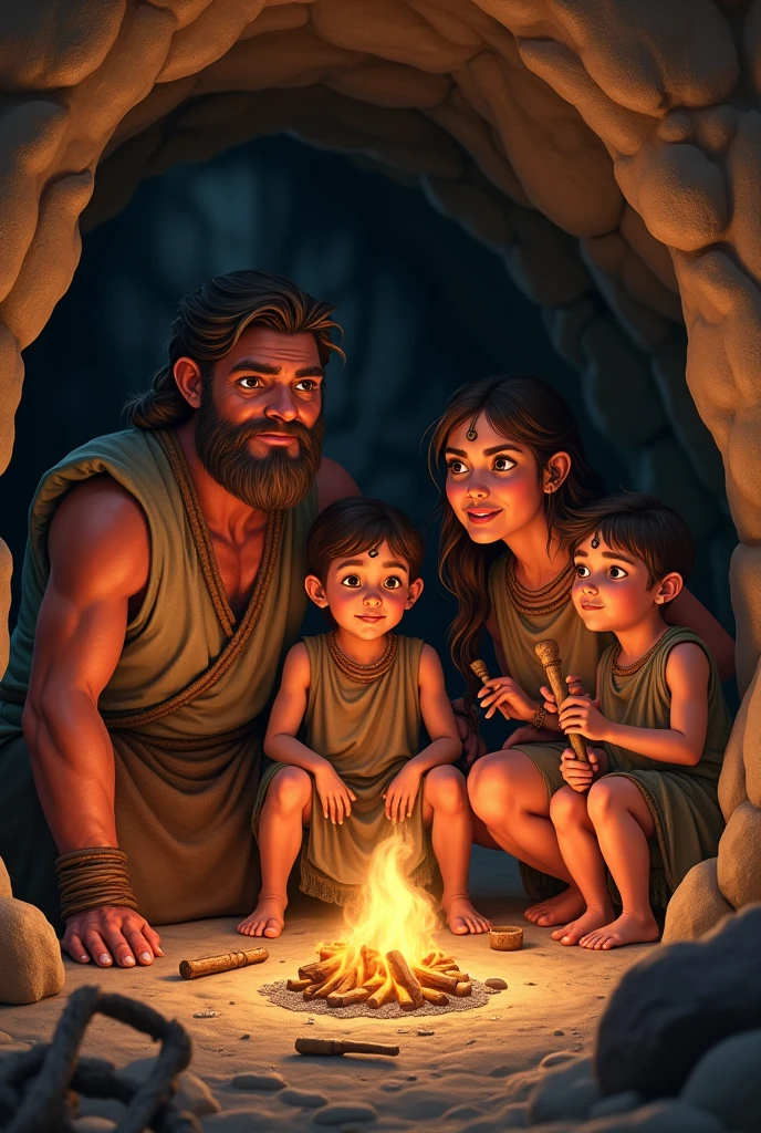 A Stone Age family, dressed in animal loincloths, sits around a crackling campfire in front of a cave. The family includes a father holding a spear, a mother cooking meat over the fire, and two children playing with stones. The scene is set at dusk, with the warm glow of the fire illuminating their faces and the cave walls adorned with primitive drawings. The surrounding landscape features rugged terrain, scattered rocks, and distant mountains under a twilight sky.”
