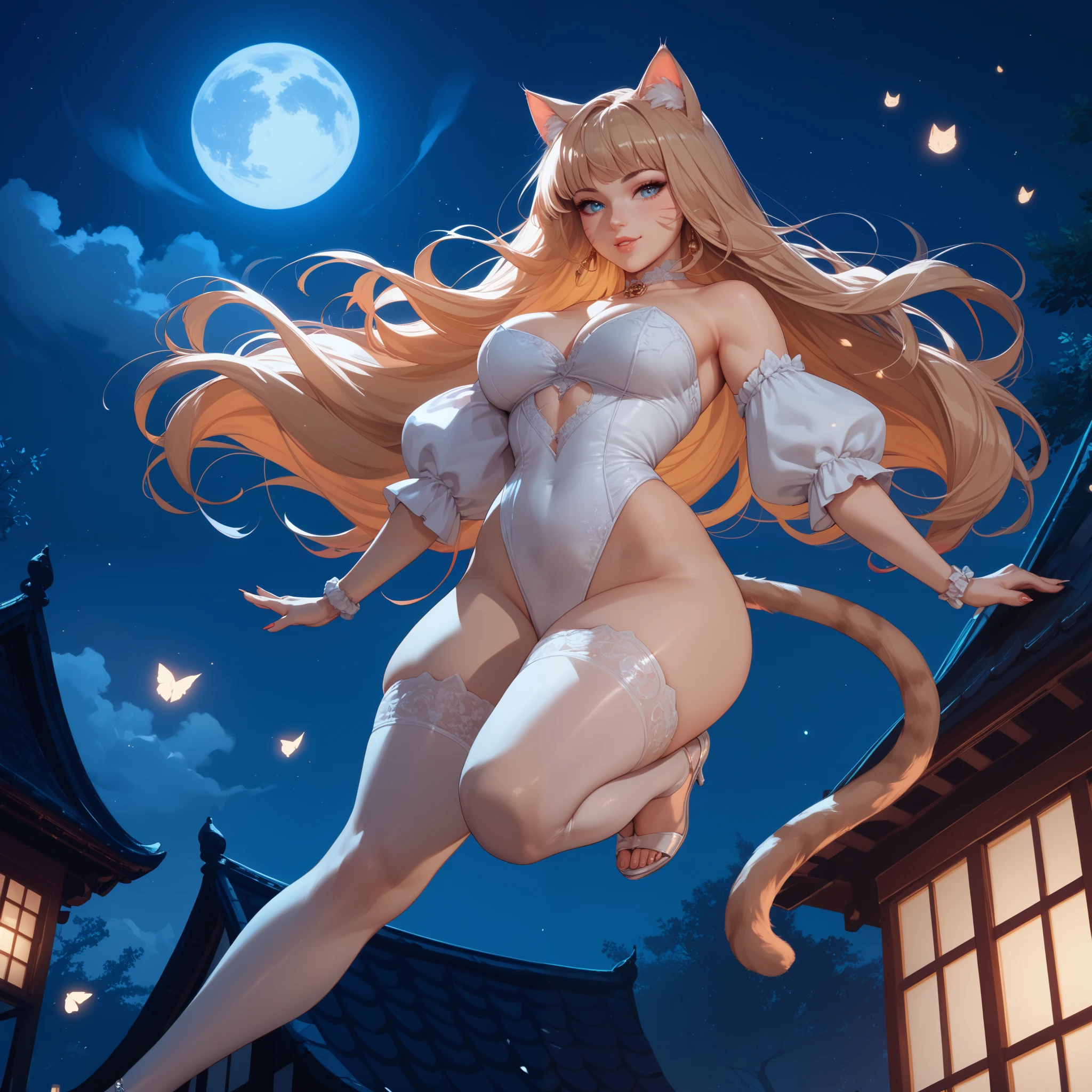 Sorcière curvy avec une aureole portant une lanterne dans un fond de pleine lune et loup