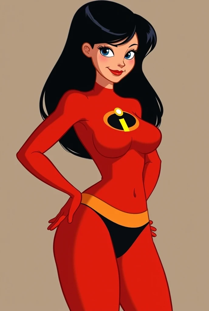 Create an image of elastigirl from "The Incredibles" she should be semi naked, in a thong, giving a seductive look. It should be just like in the drawings