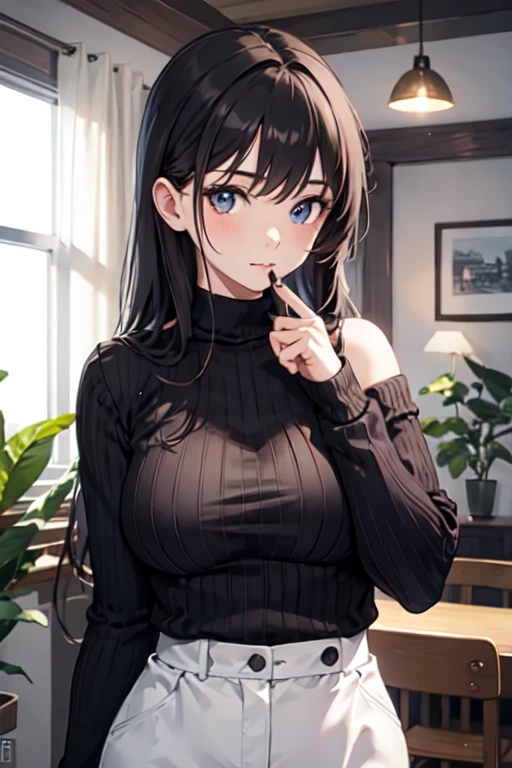 beautiful girl、portrait、Black straight long hair、Office Casual Fashion、black Sleeveless high neck knit、Tight pants style、slender、Model Body Type、Ideal Style、 women、Slim and cute、off shoulder foodie、casual、