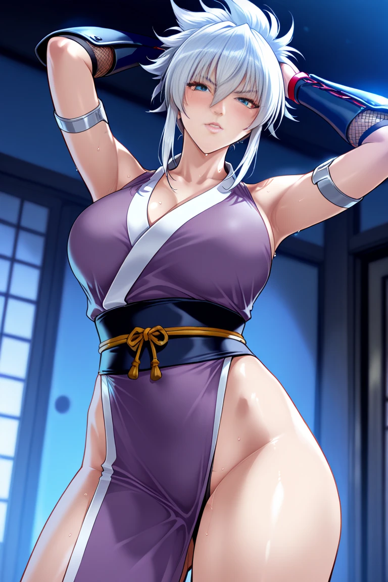 yamanaka ino, hair light, solo, purple kimono, snowing, pussy, nipple, bellybutton, sitting, wide thighs, spreading legs, Low-cut, big breastes, tmasterpiece, erotica