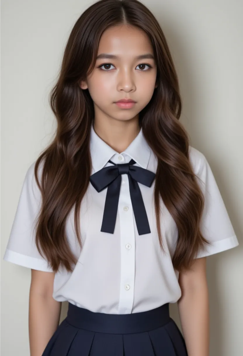 without background、top-quality、masterpiece、1 little girl、A slender、length hair、small tits、Summer uniform、hyperdetailed face、Detailed eye、二重まぶた、pleatedskirt、full body Esbian、Beautiful abs、a navel、White Socks、full bodyesbian、breasts are small