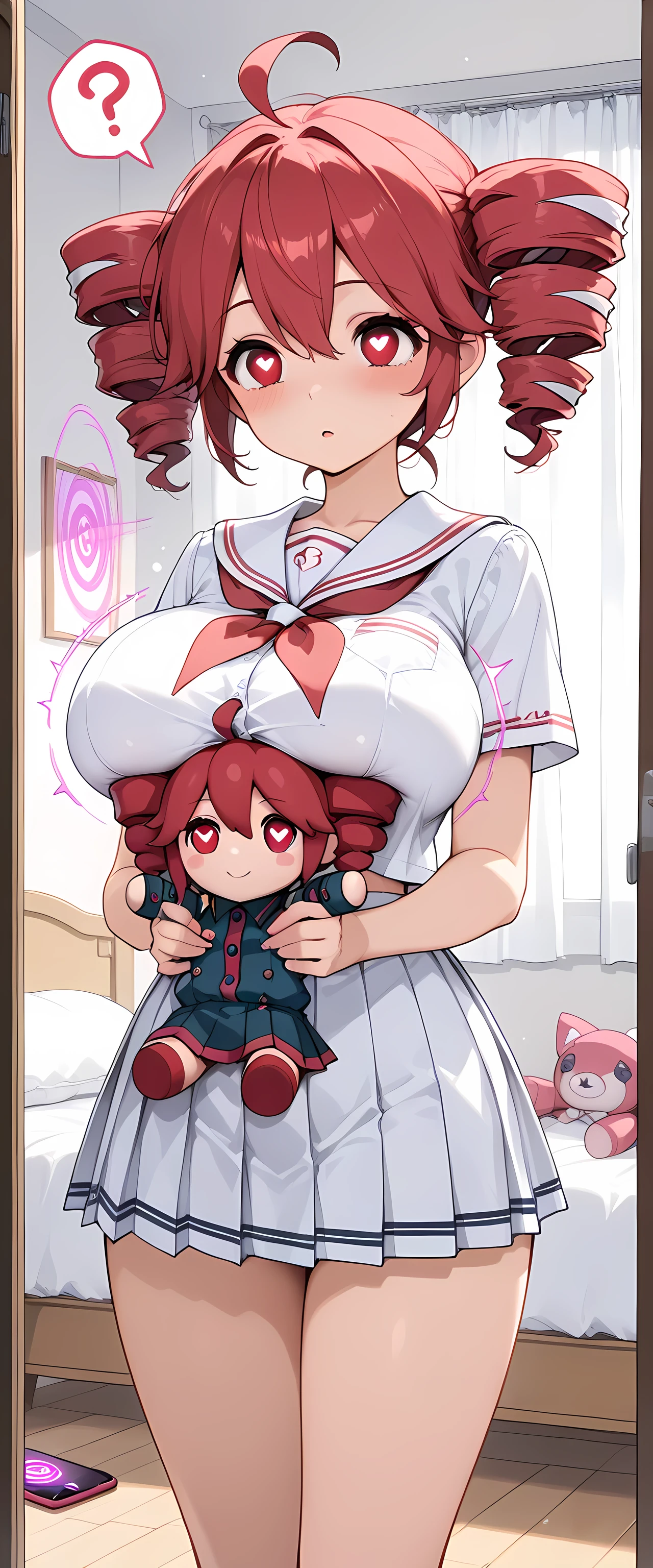 (masterpiece), (highest quality), (illustration), (super detailed), (high resolution), absurdity, 1girl,solo,kasane teto,standing,bedroom,girly bedroom,plush toys,indoors,cowboy shot,spoken question,mind control,hypnosis,hypnotized,empty eyes,heart-shaped pupils,sexually aroused,toragao,spoken heart,heart,eye symbol,phone,breast expansion,transformation,big breasts,high school uniform,pleated skirt