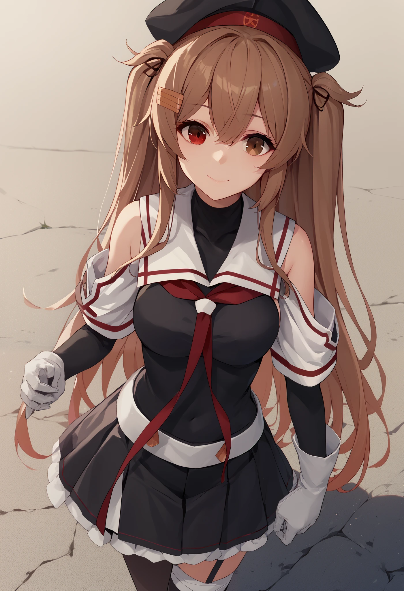 MuraSamekC, kantai collection,1 girl , (masterpiece) , BEST QUALITY , high resolution , bb murasa  , long hair , two side up ,  hair flap , hair clips ,  above Decorati has  , black headwear , heterochromia , Red Eyes , brown eyes , white sailor color , red neckerchief , black shirt , detachable sleeve , white gloves , black skirt , garter belt with dress , smile , outdoor , put your hand on your lower back , cowboy shooting