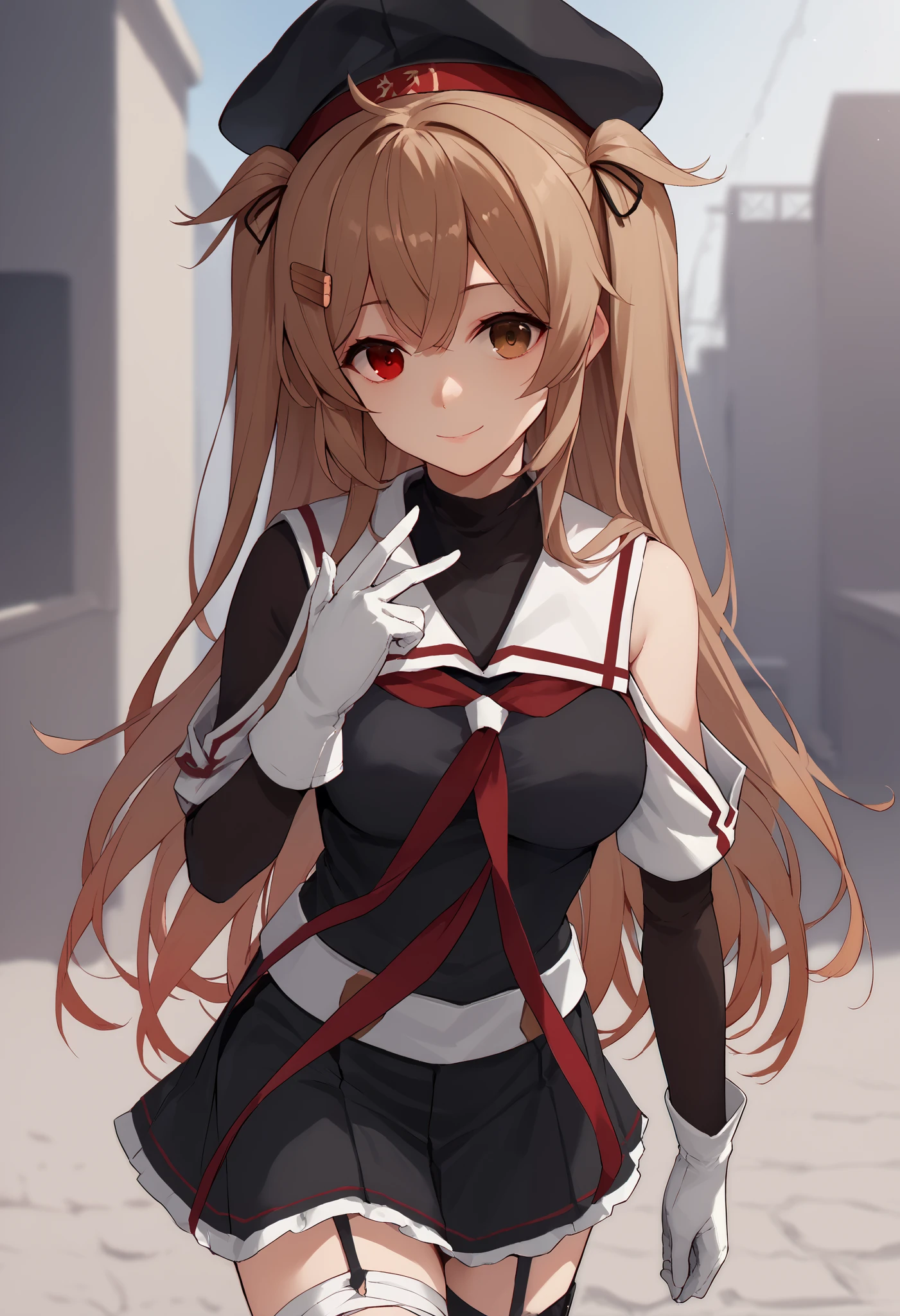 MuraSamekC, kantai collection,1 girl , (masterpiece) , best quality , high resolution , bb murasa , long hair , two side up , hair flap , hair clips , above Decorati has , black headwear , heterochromia , Red Eyes , brown eyes , white sailor color , red neckerchief , black shirt , detachable sleeve , white gloves , black skirt , garter belt with dress , smile , outdoor , put your hand on your lower back , cowboy shooting