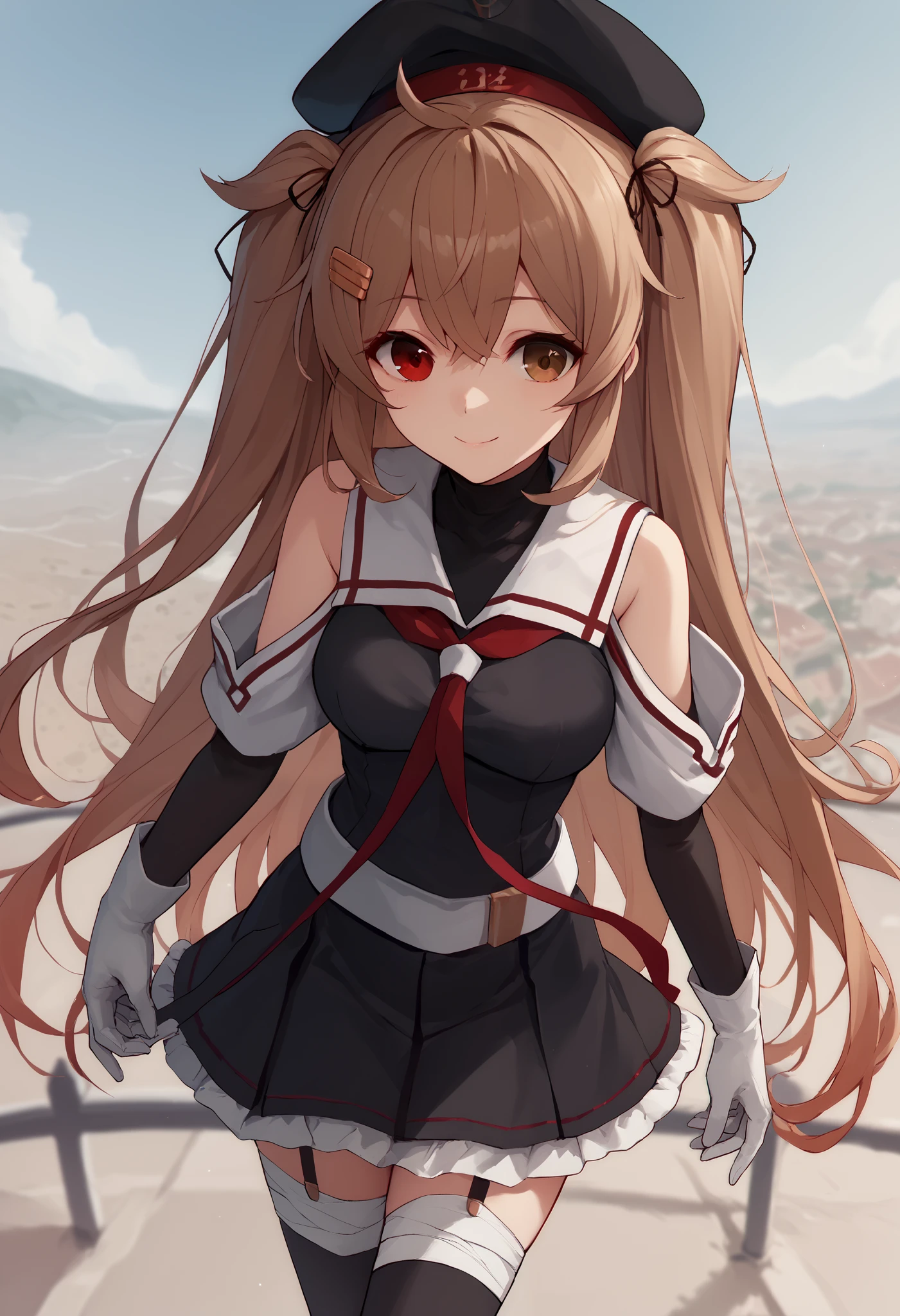 MuraSamekC, kantai collection,1 girl , (masterpiece) , BEST QUALITY , high resolution , bb murasa  , long hair , two side up ,  hair flap , hair clips ,  above Decorati has  , black headwear , heterochromia , Red Eyes , brown eyes , white sailor color , red neckerchief , black shirt , detachable sleeve , white gloves , black skirt , garter belt with dress , smile , outdoor , put your hand on your lower back , cowboy shooting