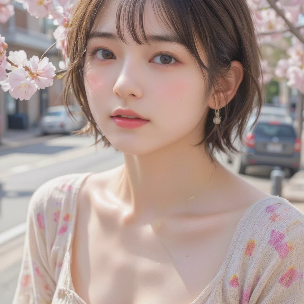 ((masterpiece, highest quality, Highest image quality, High resolution, photorealistic, Raw photo, 8K)), Spring Morning, In a rural Japanese town, students head for the train station along a road lined with cherry blossom trees, (View from below:1.3),sex,xxx