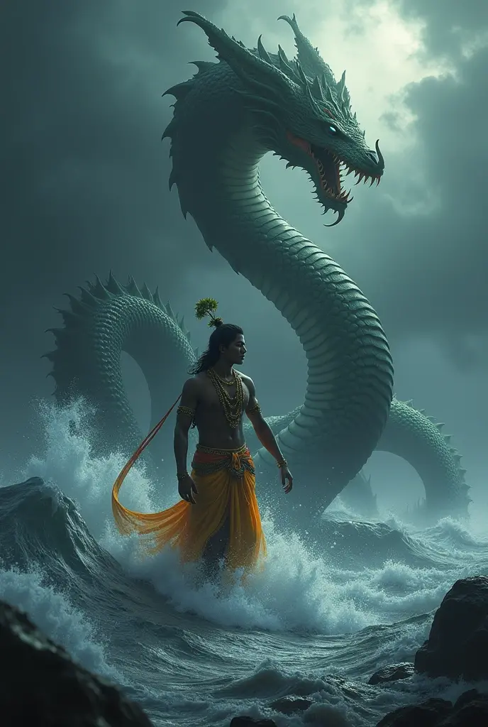 Lord krishna and 5 headed huge snake in large ocean dark theme