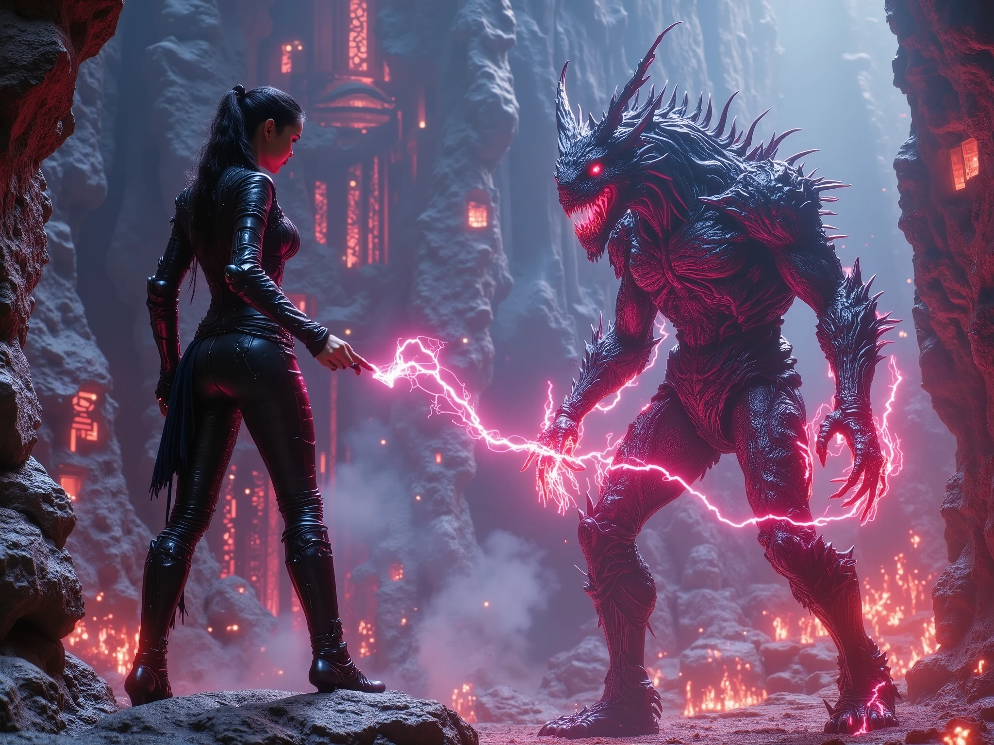 A stunning Asian elf sorceress. She has breasts and a slim hourglass body shape clad in tight, simple, medieval, padded leather armor and full leather trousers. Her dark hair matches the black of her elven armor. She is standing in an aggressive combat stance, firing a glowing ball of intense blood plasma magic, violently destroying a biopunk monster. The background is detailed with elven megastructures towering, intricate biomechanical designs fusing flesh and machine with jagged lines of blood and lightning, inspired by Metabolism architecture aesthetics, vibrant colors, and exquisite violent details. Kaleidoscopic colors.