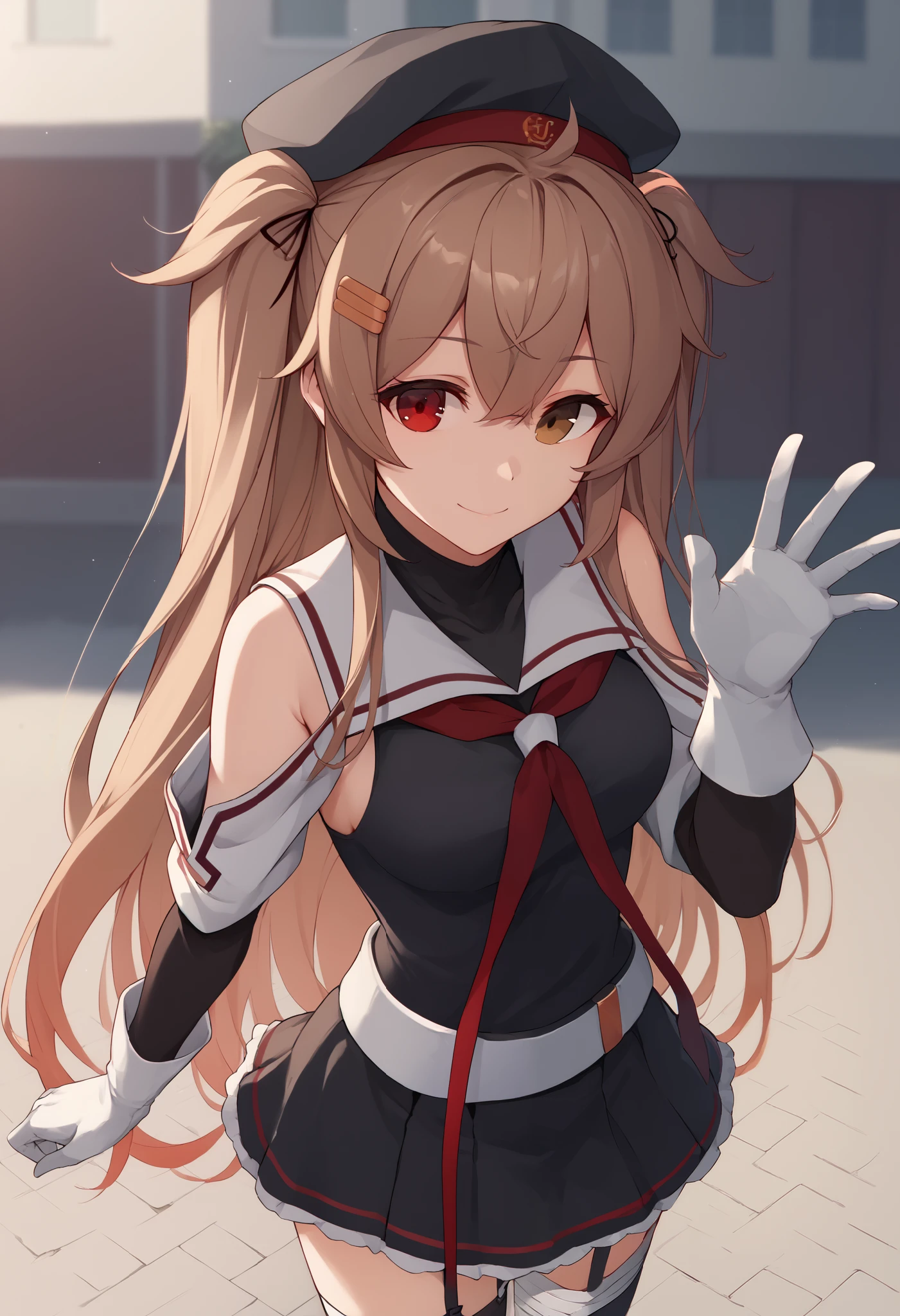 MuraSamekC, kantai collection,1 girl , (masterpiece) , BEST QUALITY , high resolution , bb murasa , long hair , two side up , hair flap , hair clips , above Decorati has , black headwear , heterochromia , Red Eyes , brown eyes , white sailor color , red neckerchief , black shirt , detachable sleeve , white gloves , black skirt , garter belt with dress , smile , outdoor , put your hand on your lower back , cowboy shooting