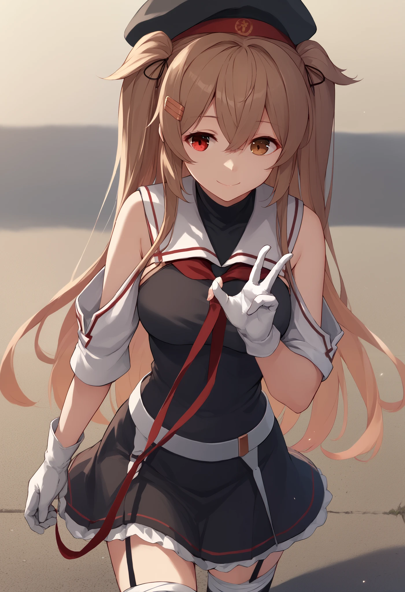 MuraSamekC, kantai collection,1 girl , (masterpiece) , BEST QUALITY , high resolution , bb murasa  , long hair , two side up ,  hair flap , hair clips ,  above Decorati has  , black headwear , heterochromia , Red Eyes , brown eyes , white sailor color , red neckerchief , black shirt , detachable sleeve , white gloves , black skirt , garter belt with dress , smile , outdoor , put your hand on your lower back , cowboy shooting