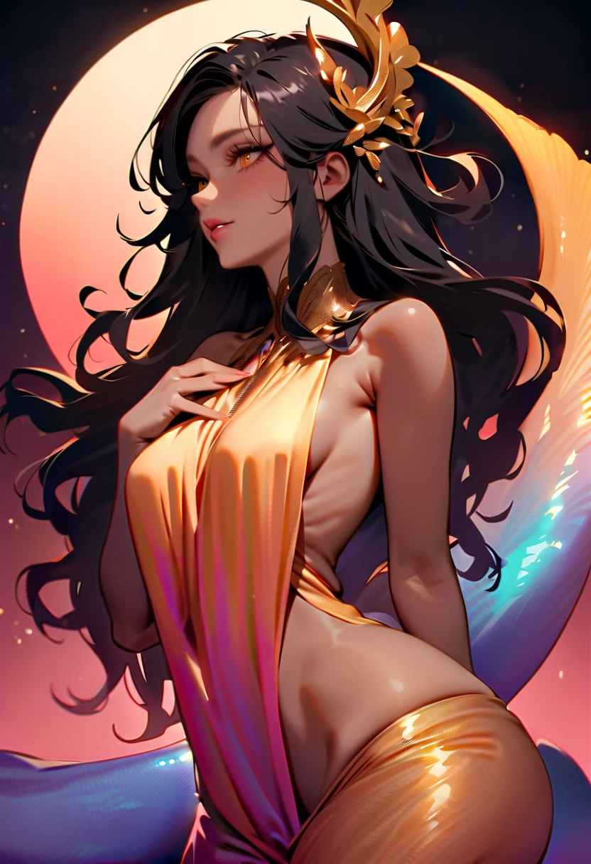 dreamwave, nude gorgeous Southeast Asian woman, long hair, round_butt, aesthetic, vortex, 2d_harajyuku, beautiful woman, elegant, fractal art, (zentangle:0.5), colorful, crystal, gold., (sexy:1.3), wind, storm, backlighting,