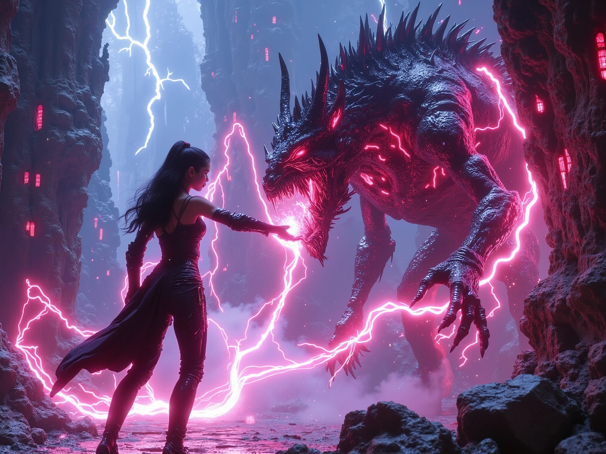 A stunning Asian elf sorceress. She has breasts and a slim hourglass body shape clad in tight, simple, medieval, padded leather armor and full leather trousers. Her dark hair matches the black of her elven armor. She is standing in an aggressive combat stance, firing a glowing ball of intense blood plasma magic, violently destroying a biopunk monster. The background is detailed with elven megastructures towering, intricate biomechanical designs fusing flesh and machine with jagged lines of blood and lightning, inspired by Metabolism architecture aesthetics, vibrant colors, and exquisite violent details. Kaleidoscopic colors.