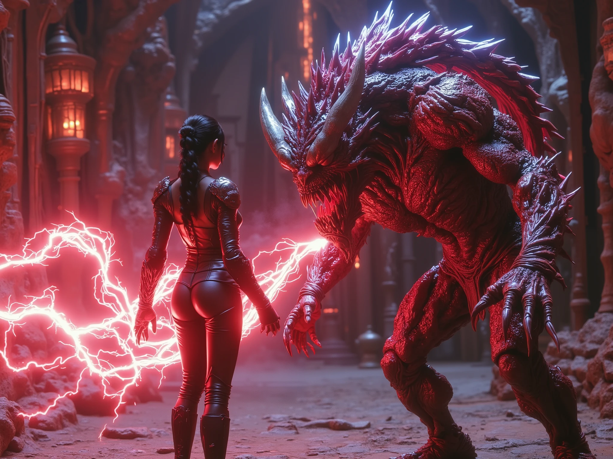 A stunning Asian elf sorceress. She has breasts and a slim hourglass body shape clad in tight, simple, medieval, padded leather armor and full leather trousers. Her dark hair matches the black of her elven armor. She is standing in an aggressive combat stance, firing a glowing ball of intense blood plasma magic, violently destroying a biopunk monster. The background is detailed with elven megastructures towering, intricate biomechanical designs fusing flesh and machine with jagged lines of blood and lightning, inspired by Metabolism architecture aesthetics, vibrant colors, and exquisite violent details. Kaleidoscopic colors.