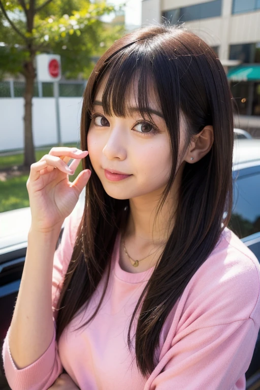 a woman posing on the street corner with yellow shirt on, best quality, high res, 8k, 1girl, (huge breasts), day, bright, outdoor, (street:0.8), (people, crowds:1), gorgeous, beautiful detailed sky, beautiful earrings, (dynamic pose:0.8), (upper body:1.2), soft lighting, wind, shiny skin, (smile, braided hair), teeth, open mouth,  looking at viewer, <lora:JAV_Rina_I_v1.0:0.65>