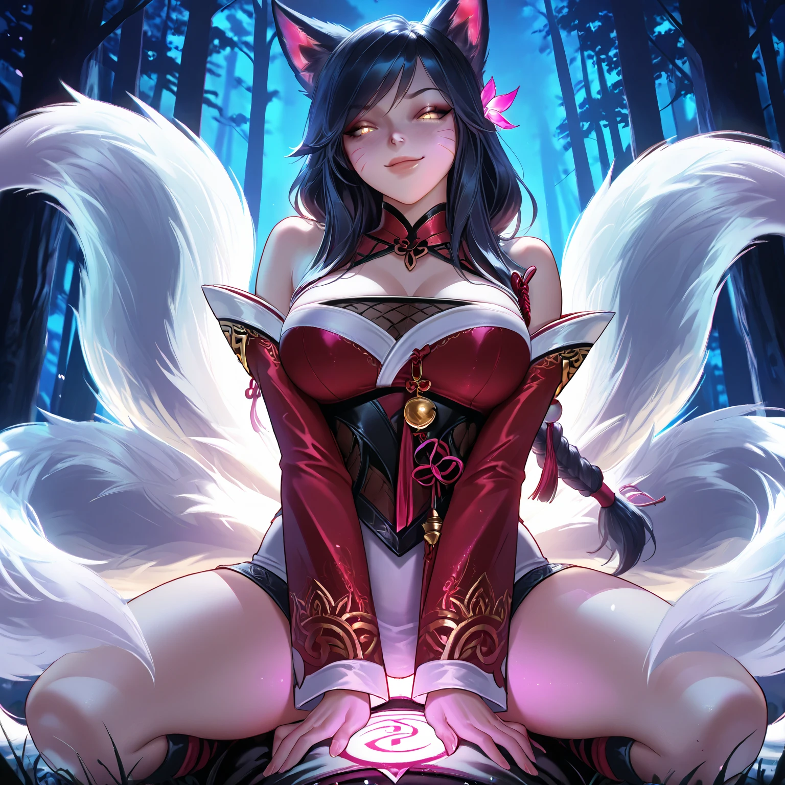(best quality,4k,8k,highres,masterpiece:1.2),ultra-detailed,(realistic,photorealistic,photo-realistic:1.37),Ahri laying down,smiling,in a forest,surrounded by beautiful plants,majestic,spirit blossom,portraits,vivid colors,lush greenery,bright sunlight,soft shadows,gentle breeze,sparkling dewdrops,ethereal atmosphere,colorful flowers and leaves,magical aura,floating petals,light rays penetrating through the treetops,peaceful and serene ambiance